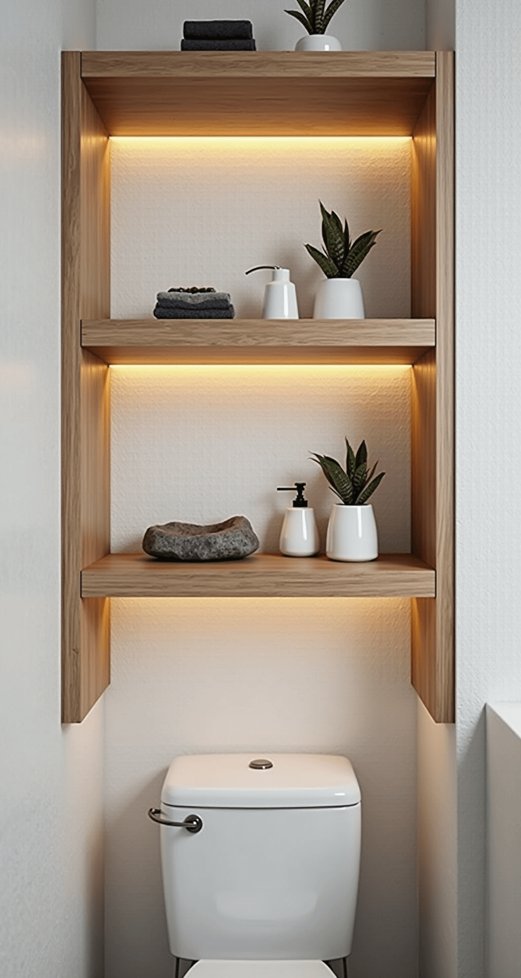 Minimalist Bathroom Decor: Creating Your Zen Sanctuary Eye-level view of a minimalist bathroom nook featuring built-in white oak floating shelves displaying a stone soap dish, white ceramic vessels, and a single air plant. The scene is illuminated by warm LED strip lighting, enhancing the textured white wall covering. The layout emphasizes negative space and symmetry, with a color palette of warm whites, natural oak, and soft grey.