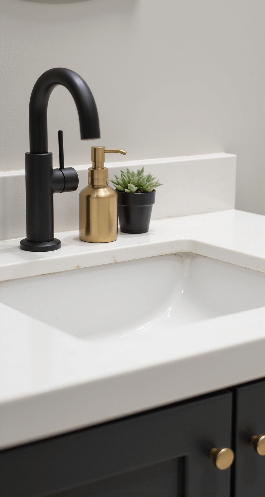 Minimalist Bathroom Decor: Creating Your Zen Sanctuary Close-up of a minimalist bathroom vanity featuring a white quartz countertop with an integrated sink, a brass soap dispenser, and a small potted succulent, with a softly blurred background. The matte black faucet and cabinet hardware catch the early morning light, highlighting the warm brass accents in a dramatic shallow focus effect.