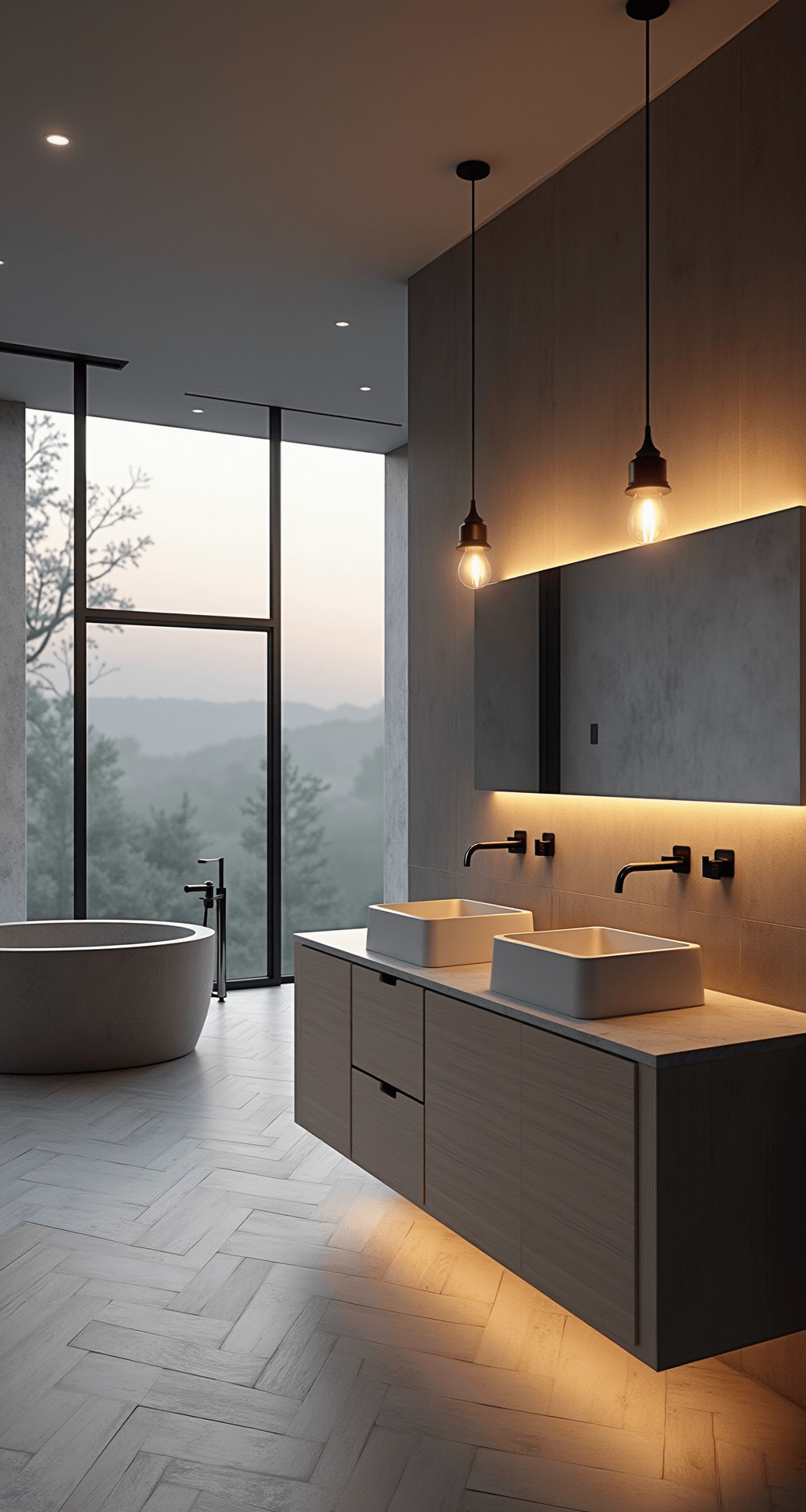 Minimalist Bathroom Decor: Creating Your Zen Sanctuary A luxurious minimalist bathroom featuring a freestanding stone tub and a floating double vanity made of bleached oak, illuminated by warm pendant lights and moody evening light reflecting off an oversized mirror, all set against a backdrop of floor-to-ceiling windows with privacy film. The stone floor tiles form a chevron pattern, with a color palette of warm greys, soft whites, and natural wood tones.