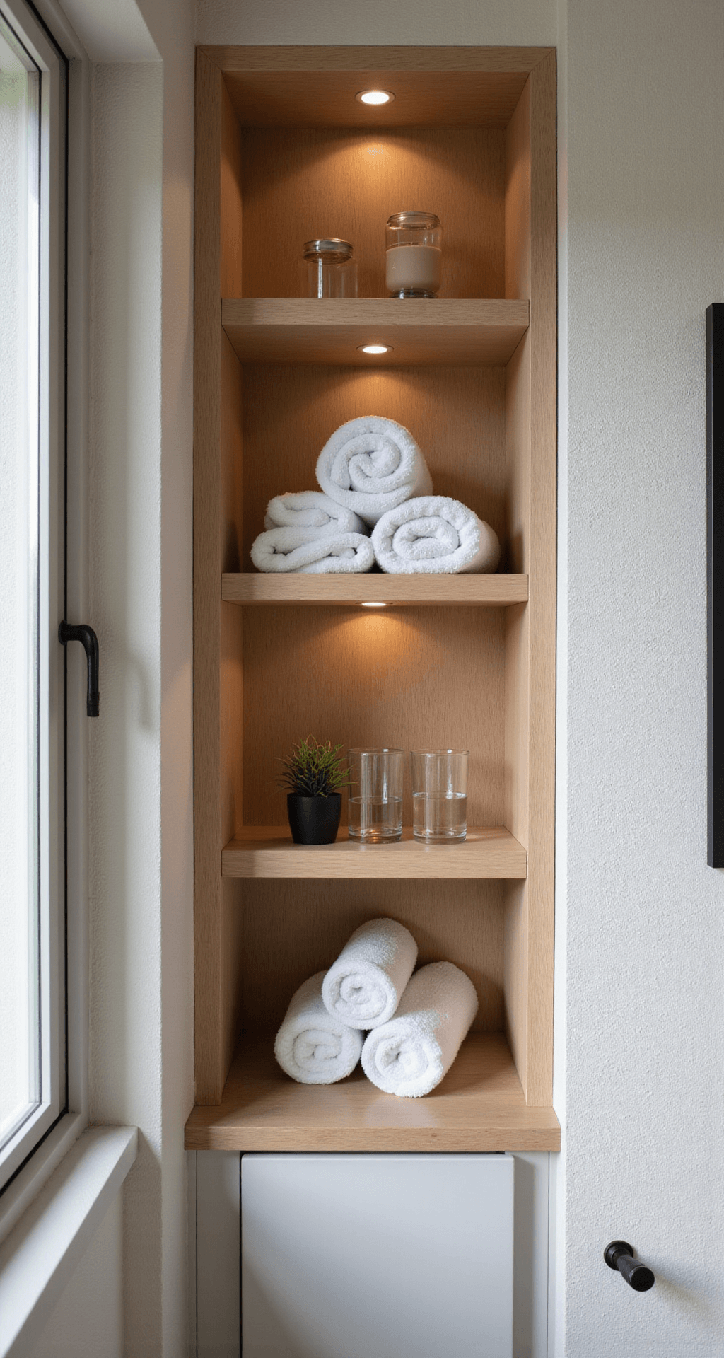 Minimalist Bathroom Decor: Creating Your Zen Sanctuary Detail shot of a minimalist bathroom storage solution featuring a custom-built wall niche with white oak, rolled white towels, and glass containers, illuminated by hidden LED lighting against textured wallpaper.