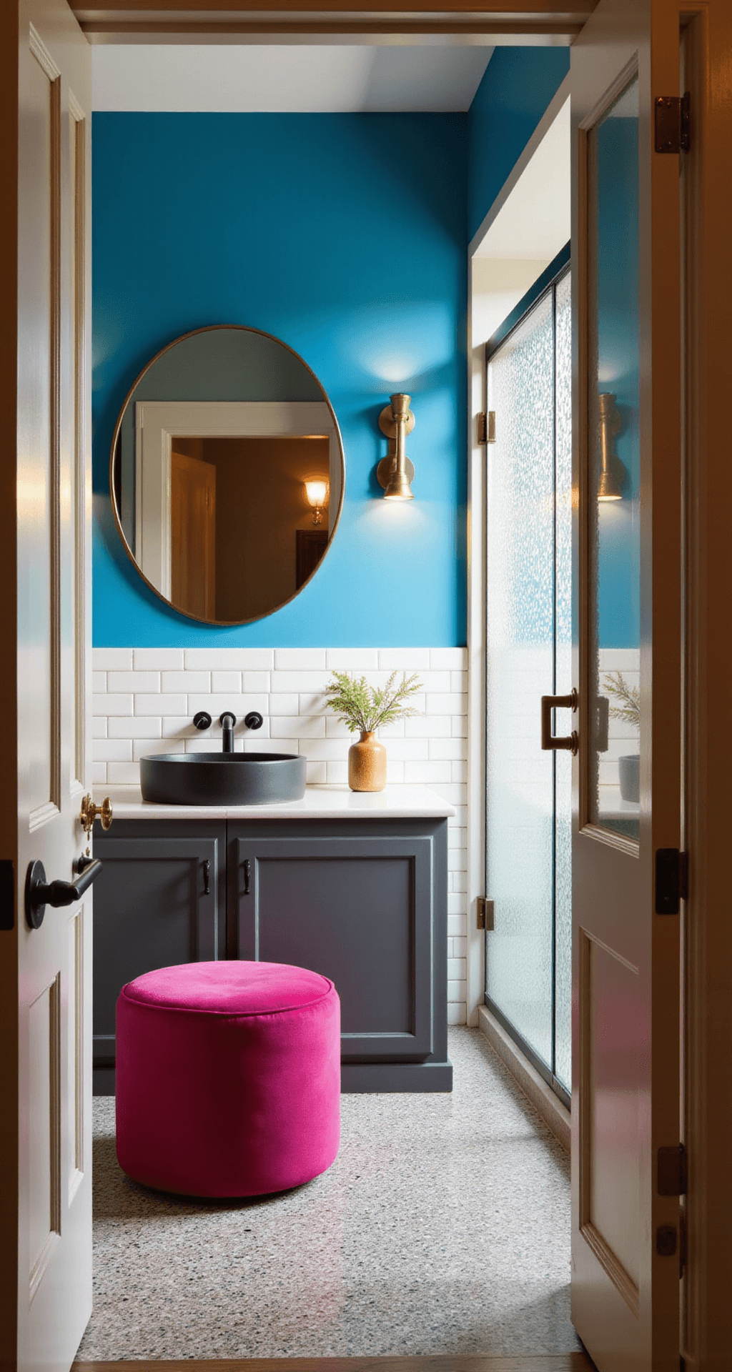 Dopamine Decor Bathrooms: Transform Your Space into a Joy-Boosting Sanctuary A sunlit modern bathroom with an electric blue accent wall and white subway tiles, featuring a large round mirror reflecting warm light, matte black fixtures, and a hot pink velvet ottoman. Brass sconces flank the mirror, and terrazzo flooring adds texture. A glass shower enclosure with geometric-pattern film catches sparkling light, all viewed from the doorway at eye level.