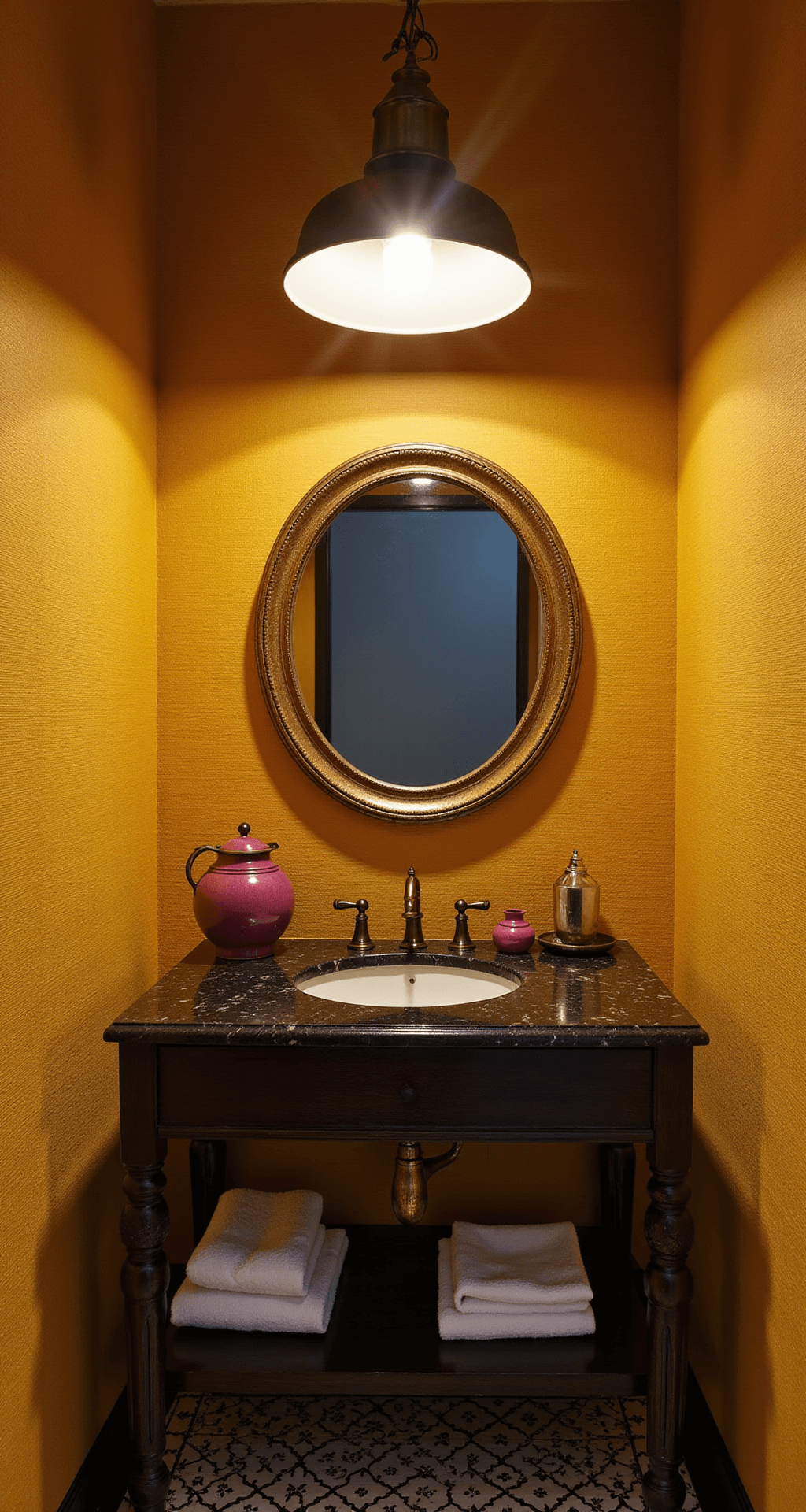 Dopamine Decor Bathrooms: Transform Your Space into a Joy-Boosting Sanctuary Intimate powder room with mustard yellow grasscloth wallpaper, a floating black marble vanity with fuchsia ceramic vessels, and a vintage brass mirror, all illuminated by a dramatic overhead pendant light creating geometric shadows, shot from a low angle to emphasize ceiling height, featuring black and white Moroccan cement floor tiles, in a moody dusk atmosphere.