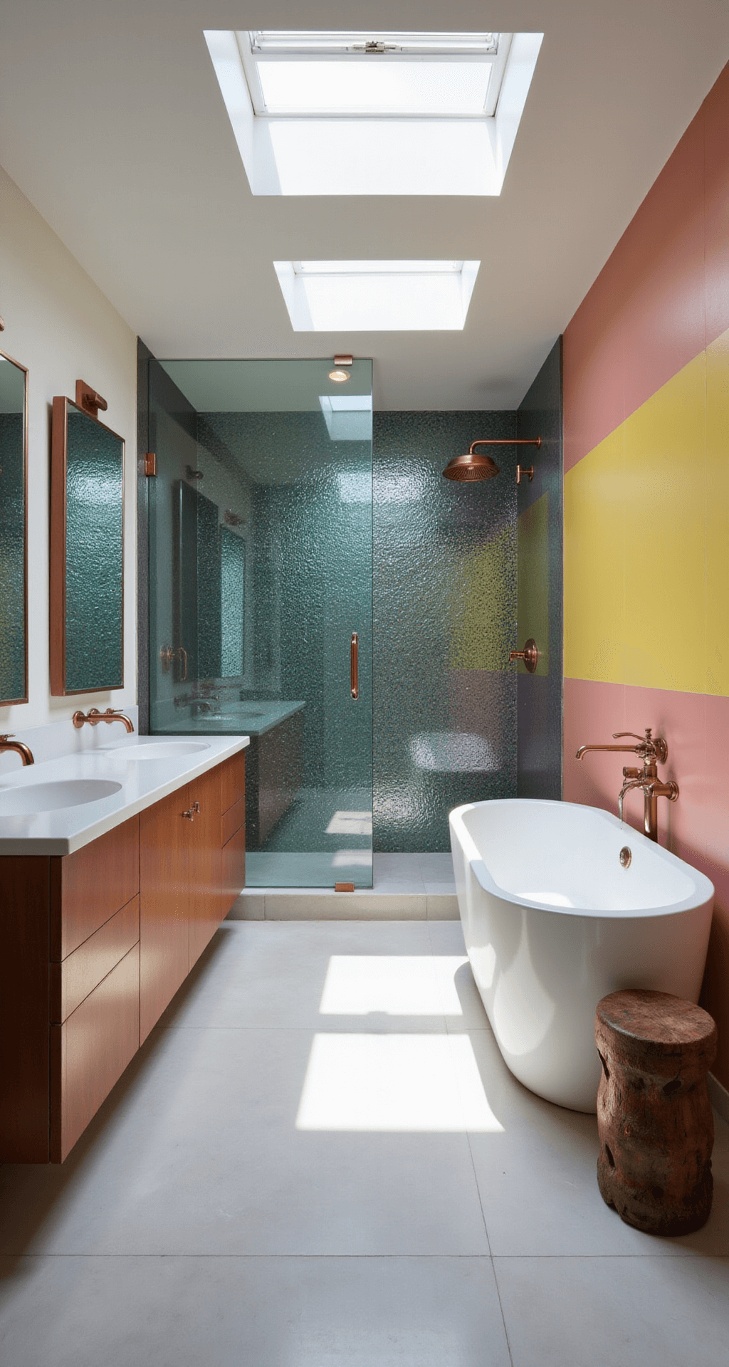 Dopamine Decor Bathrooms: Transform Your Space into a Joy-Boosting Sanctuary A spacious master bathroom features morning light streaming through skylights, showcasing a dramatic curved shower wall with iridescent mosaic tiles in shades of teal and purple. A matte white freestanding soaking tub rests against a color-blocked wall in yellow and pink. Mixed metal fixtures include copper, brass, and chrome, while a carved wooden stool adds an organic touch to the wide-angle view.