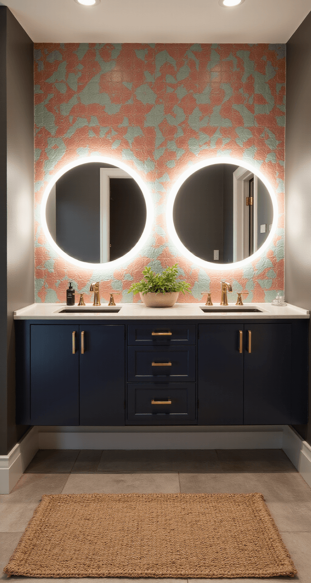Dopamine Decor Bathrooms: Transform Your Space into a Joy-Boosting Sanctuary Contemporary bathroom suite featuring a statement wall of coral, mint, and gold geometric tiles, a floating navy double vanity with a quartz top, oversized backlit circular mirrors, and a handwoven jute rug, all captured in soft twilight lighting for a spa-like ambiance.