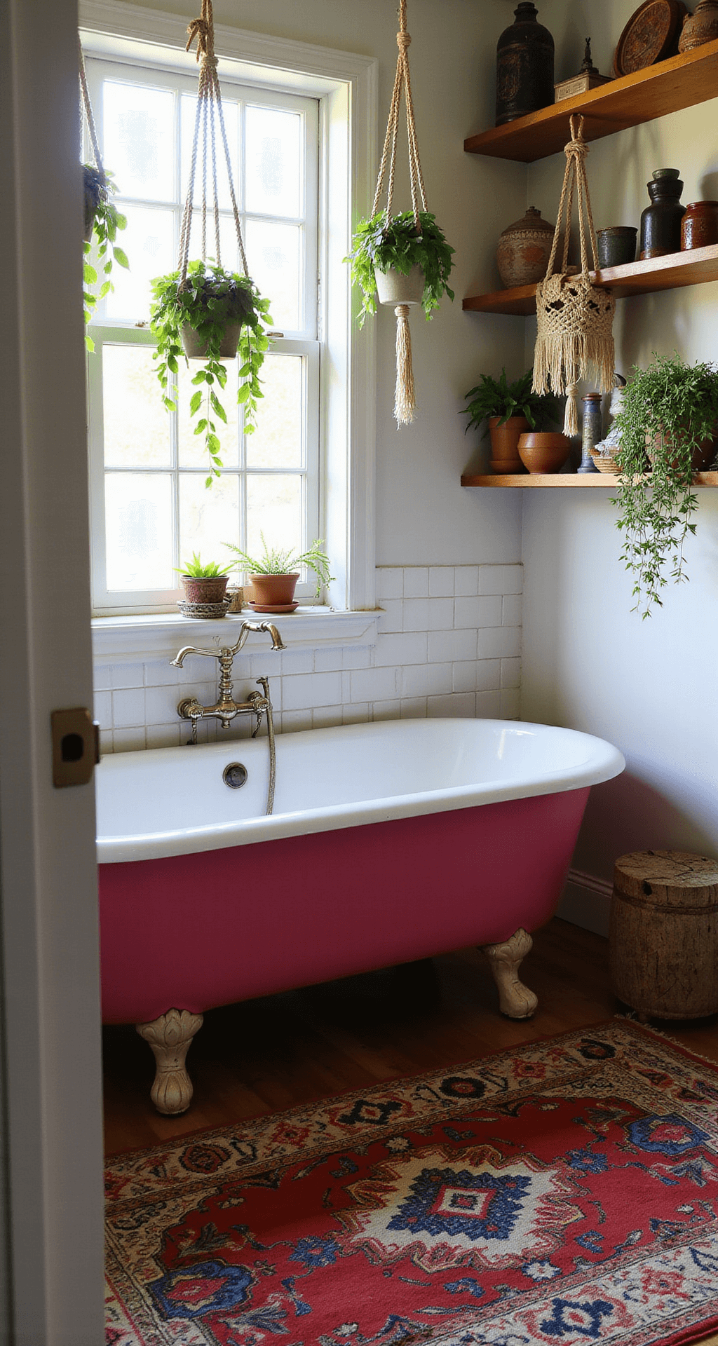 Dopamine Decor Bathrooms: Transform Your Space into a Joy-Boosting Sanctuary A cozy bohemian bathroom featuring a hot pink vintage clawfoot tub under a window, surrounded by layered jewel-toned Turkish rugs, with macramé plant hangers filled with pothos plants and global artifacts displayed on floating shelves, all bathed in a warm, late afternoon glow.