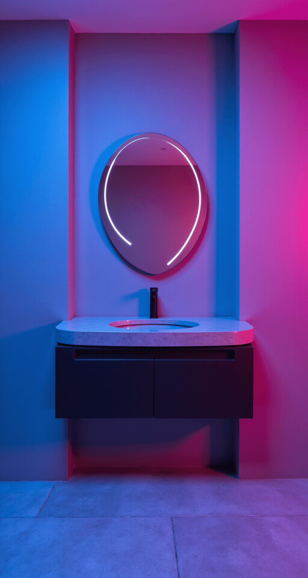 Dopamine Decor Bathrooms: Transform Your Space into a Joy-Boosting Sanctuary A modern minimal powder room featuring a floor-to-ceiling gradient wall in electric blue and fuchsia, with a floating concrete vanity and integrated sink, a giant round mirror with LED backlight, and high contrast black fixtures, captured with long exposure to highlight ethereal lighting.
