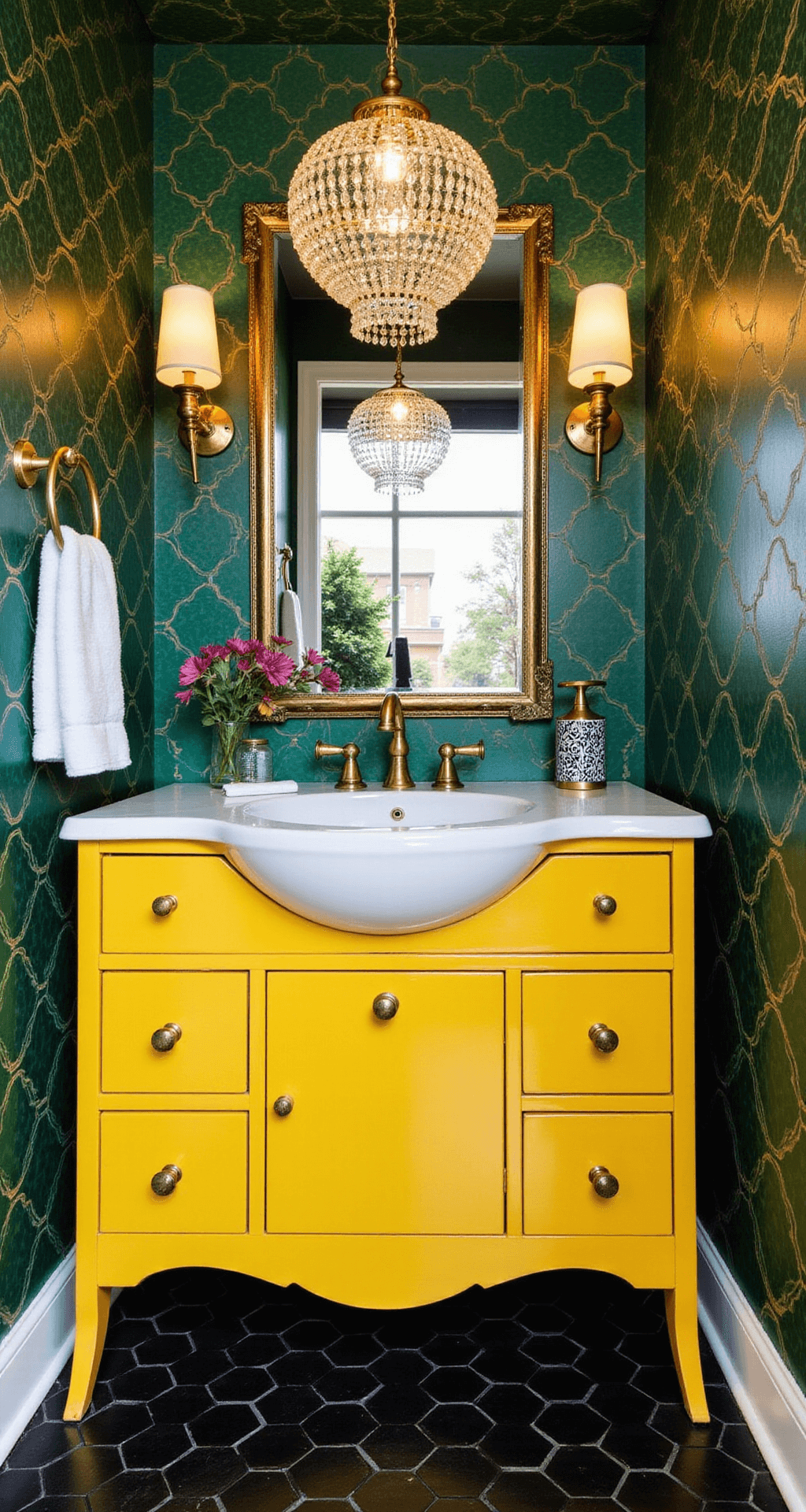 Dopamine Decor Bathrooms: Transform Your Space into a Joy-Boosting Sanctuary Art deco inspired bathroom featuring bold geometric emerald, gold, and black wallpaper, a high gloss yellow upcycled vintage vanity, and brass pharmacy-style sconces beside an antiqued mirror. The black hex tile floor includes brass inlay, while a crystal pendant casts prismatic light patterns. The shot captures the room's architectural details with HDR to balance contrast.