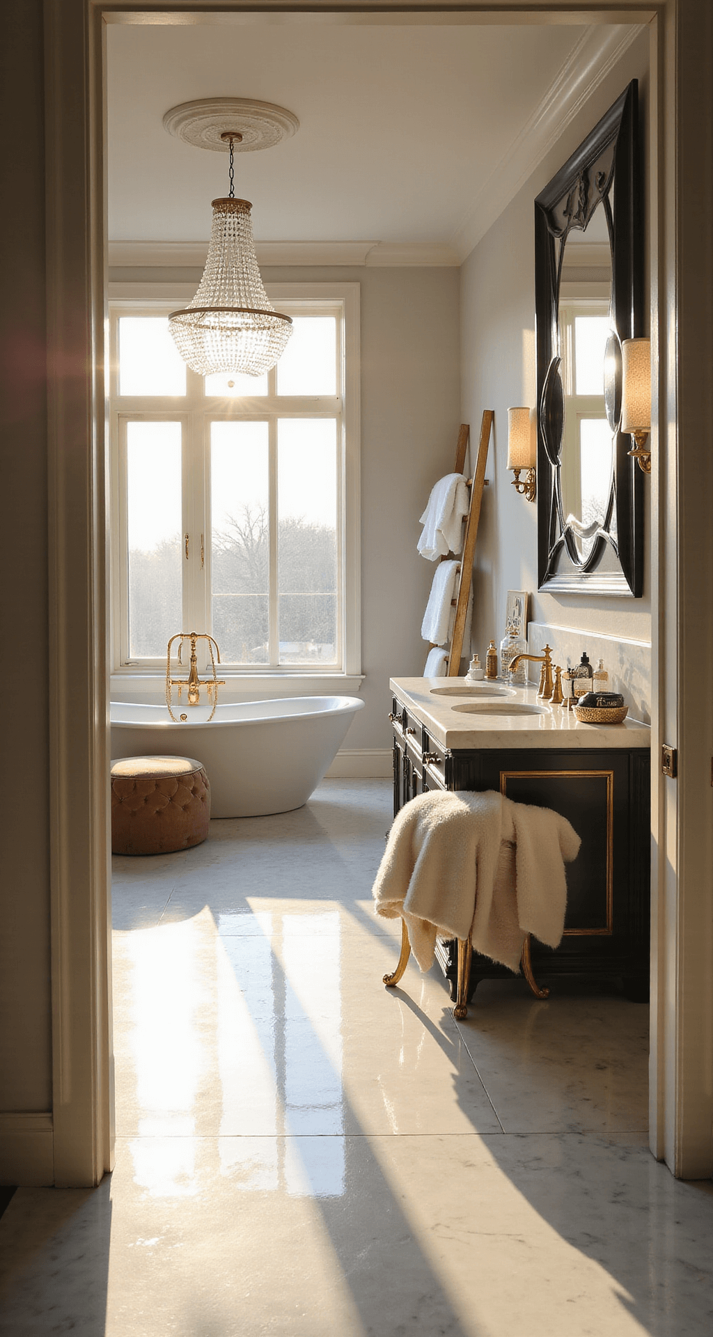 Glam Bathroom Decor: Transform Your Space with Luxurious Metallic Shine A luxurious master bathroom featuring Carrara marble floors, a freestanding white oval tub beneath a crystal chandelier, and a dramatic black-and-gold geometric mirror on a double vanity. Sunlight streams through floor-to-ceiling windows, highlighting metallic accents and plush towels, with a champagne-colored velvet ottoman adding a touch of elegance.