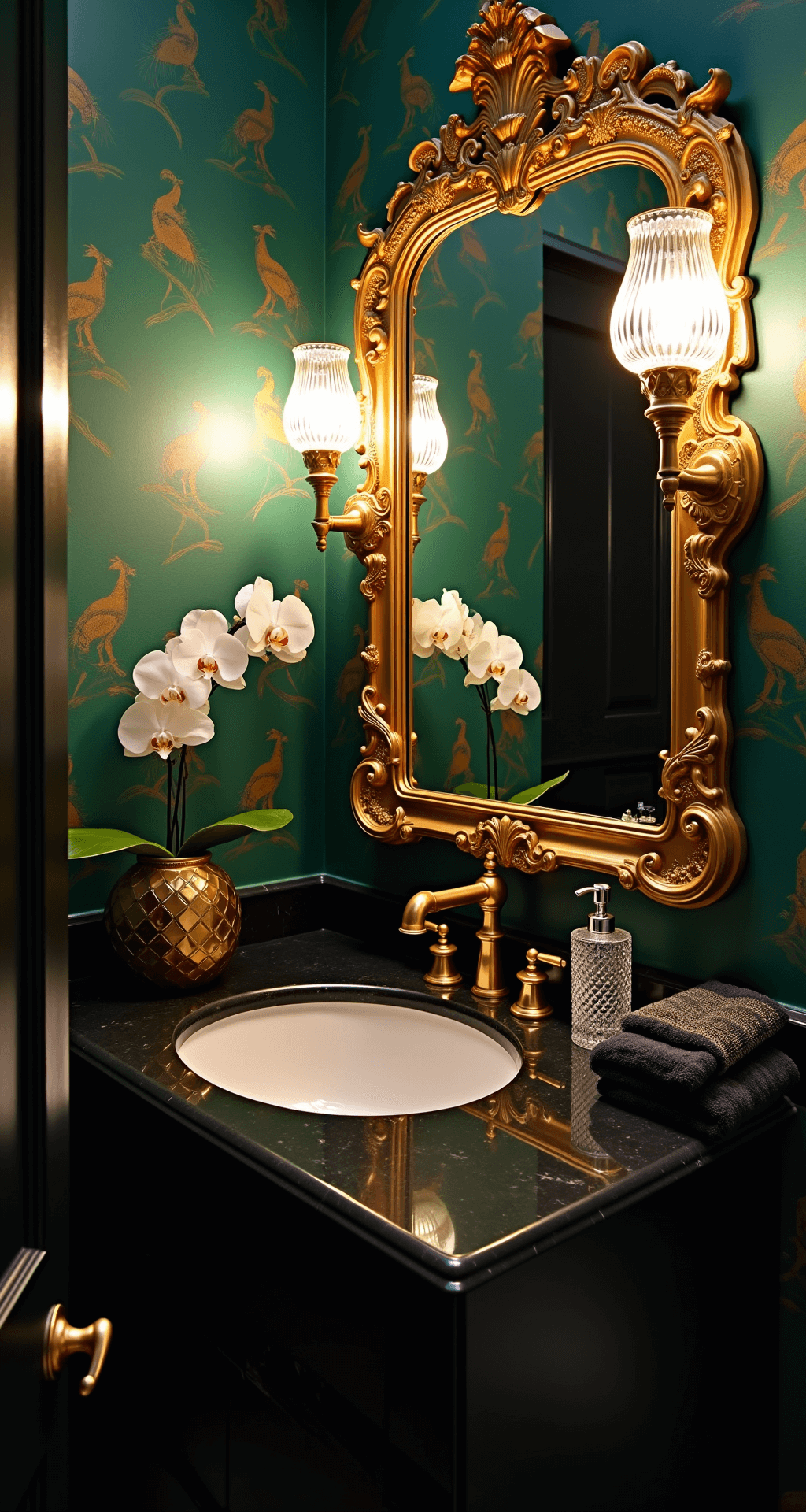 Glam Bathroom Decor: Transform Your Space with Luxurious Metallic Shine High-angle view of an intimate powder room featuring emerald green wallpaper with gold peacock motifs, an ornate gold Baroque mirror, a brass sink with a waterfall faucet on a black marble counter, illuminated by crystal sconces, and styled with geometric gold decor, white orchids, and plush black towels, creating a moody atmosphere during blue hour.