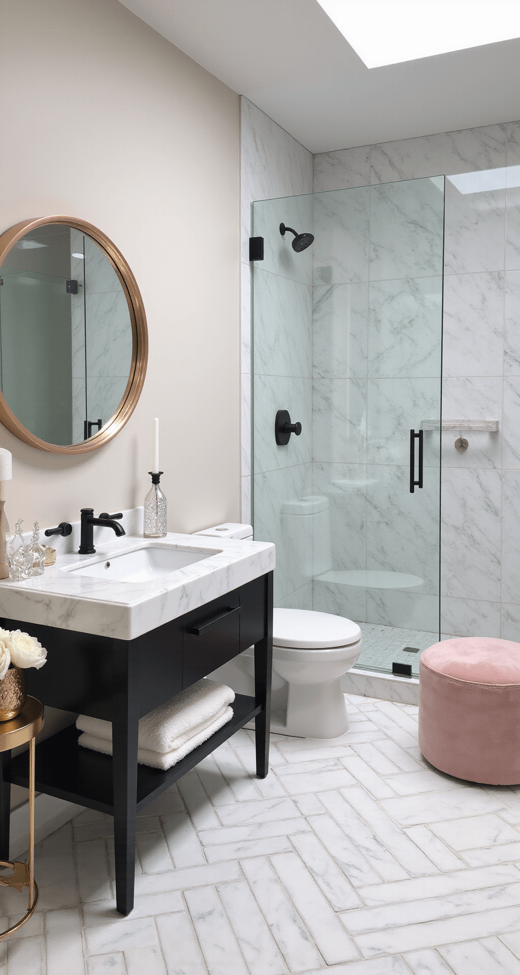 Glam Bathroom Decor: Transform Your Space with Luxurious Metallic Shine Modern glam bathroom featuring a floating white marble vanity with matte black hardware, a rose gold-framed round mirror, herringbone marble tile flooring, and a blush pink velvet stool, all illuminated by natural light from a skylight and styled with white peonies in a metallic vase and geometric gold accessories.