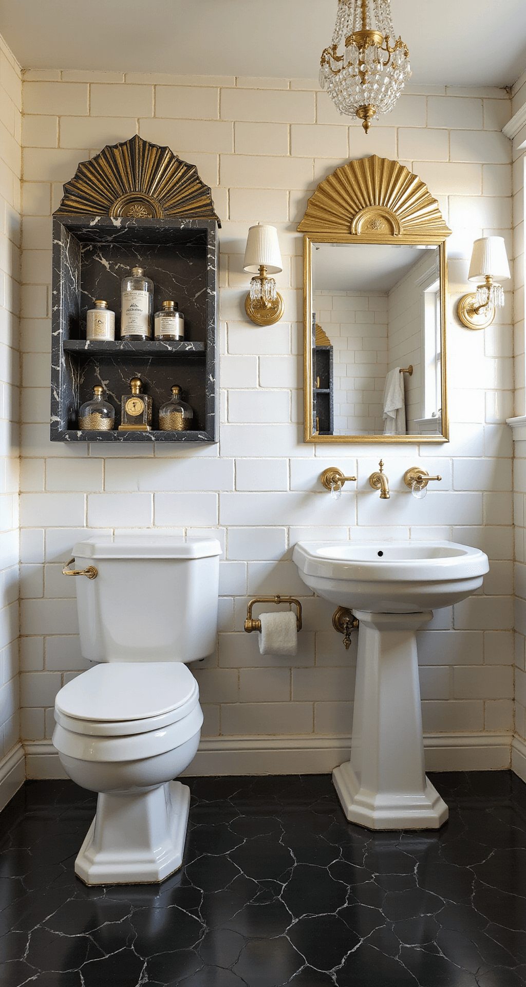 Glam Bathroom Decor: Transform Your Space with Luxurious Metallic Shine An Art Deco inspired guest bath featuring black hexagon floor tiles and white subway walls with gold grout, a vintage-style pedestal sink with a fan-shaped gold mirror, crystal wall sconces, a carved marble shelf with perfume bottles and metallic trinket dishes, captured in afternoon light with dramatic side lighting highlighting the architectural details.
