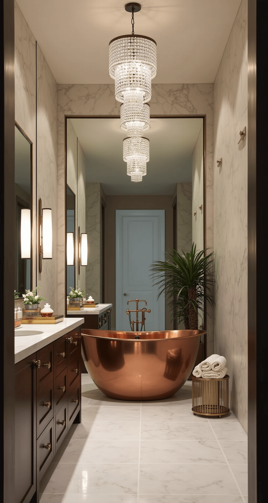 Glam Bathroom Decor: Transform Your Space with Luxurious Metallic Shine Spa-like master bath featuring a freestanding copper soaking tub against a marble accent wall, illuminated by a crystal chandelier reflecting in a floor mirror, with a dark walnut floating double vanity and styled decor.
