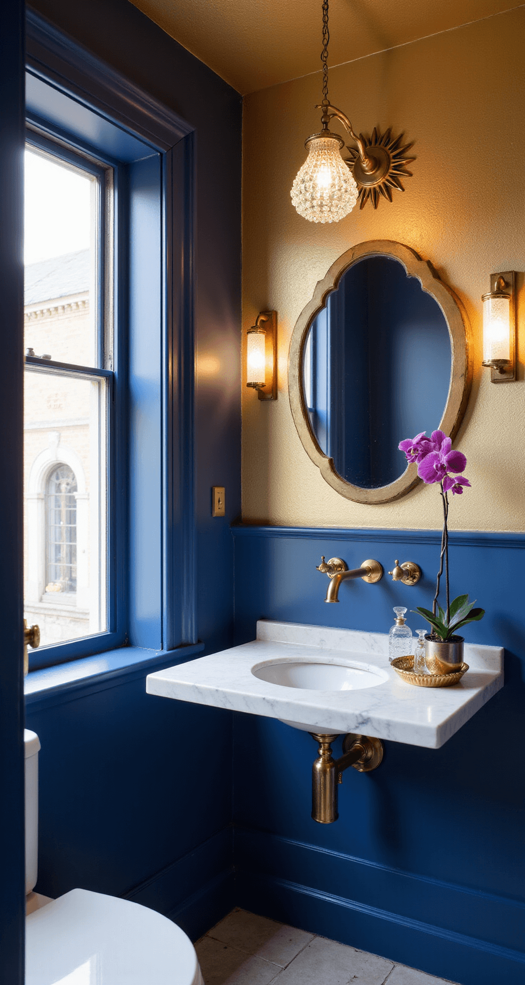 Glam Bathroom Decor: Transform Your Space with Luxurious Metallic Shine A luxurious petite powder room featuring sapphire blue lacquered walls, a gold leaf wallpapered ceiling, and a floating marble shelf with a brass sink below a sunburst mirror. The space is illuminated by a crystal pendant light and styled with a violet orchid in a metallic pot and vintage crystal perfume bottles on a gold tray, with natural light filtering in from a small window.