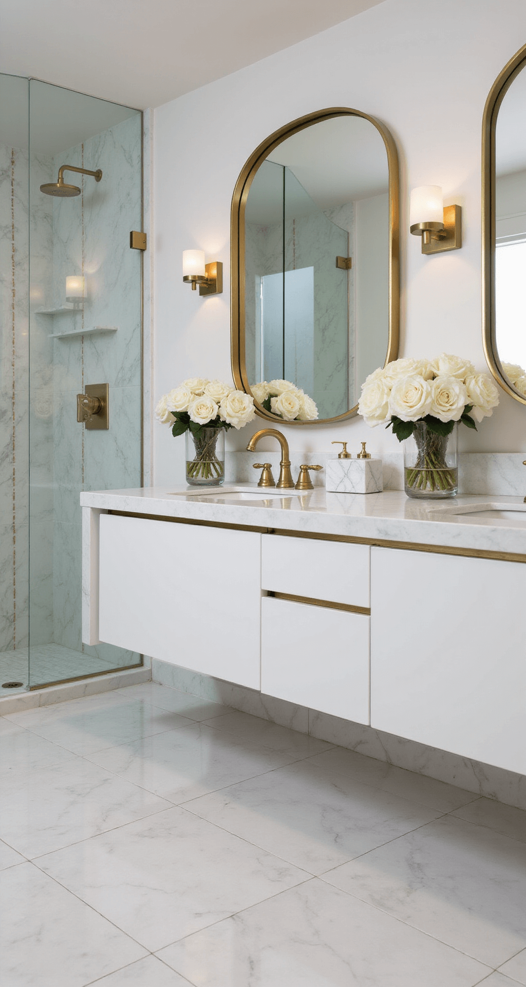 Glam Bathroom Decor: Transform Your Space with Luxurious Metallic Shine A contemporary glam master bath featuring floor-to-ceiling marble tile with brass inlays, a frameless glass shower, a floating double vanity with champagne gold hardware, and backlit round mirrors, all styled with white roses in gold vases and geometric marble soap dispensers, captured in morning light from a corner angle.