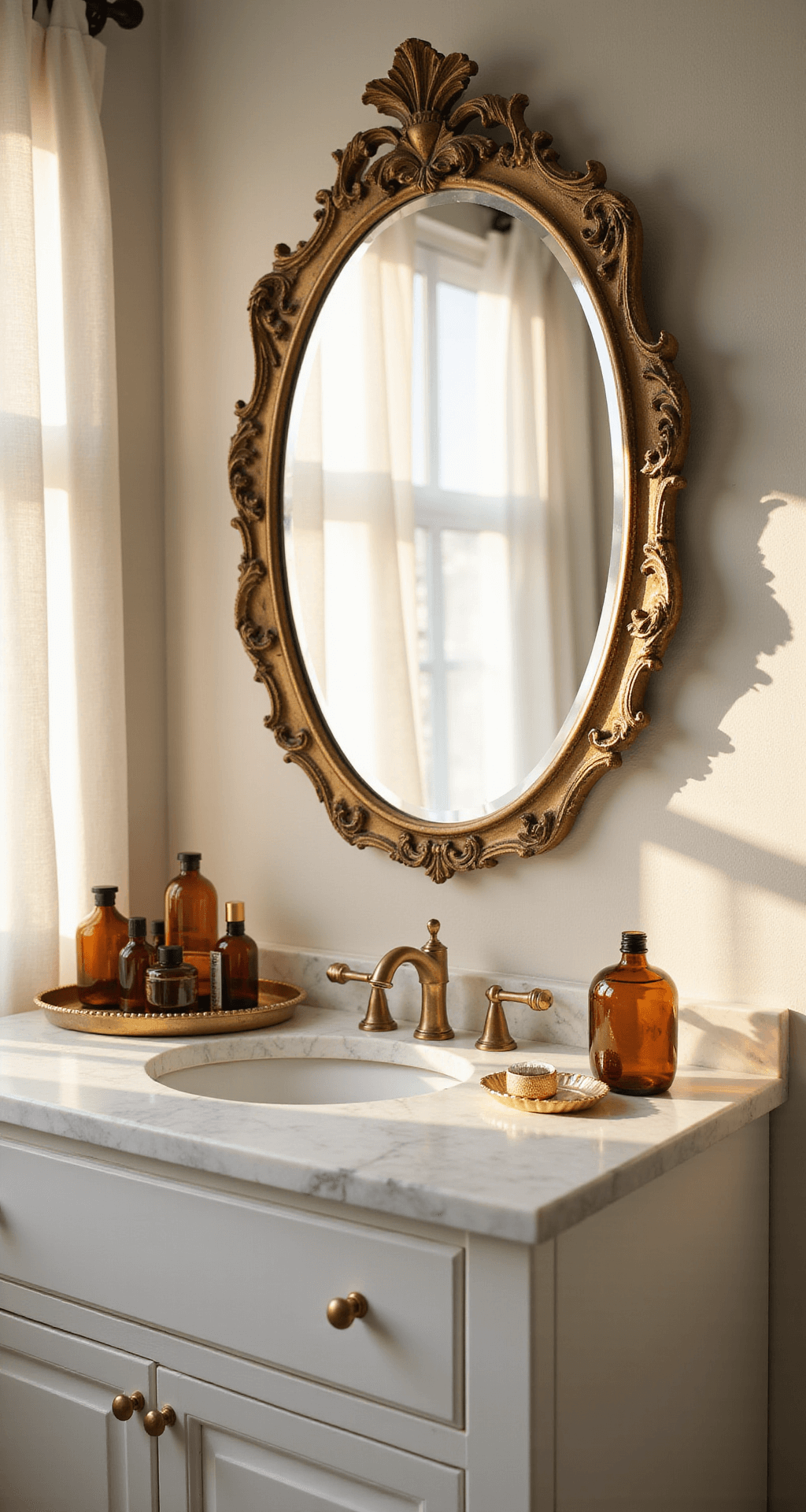 Gold Bathroom Decor: Transform Your Space with Luxurious Metallic Accents A sunlit master bathroom vanity corner featuring a white marble countertop with an ornate antiqued gold mirror, polished brass fixtures, and an elegant display of amber glass vessels and French perfume bottles, all bathed in warm golden hour light.