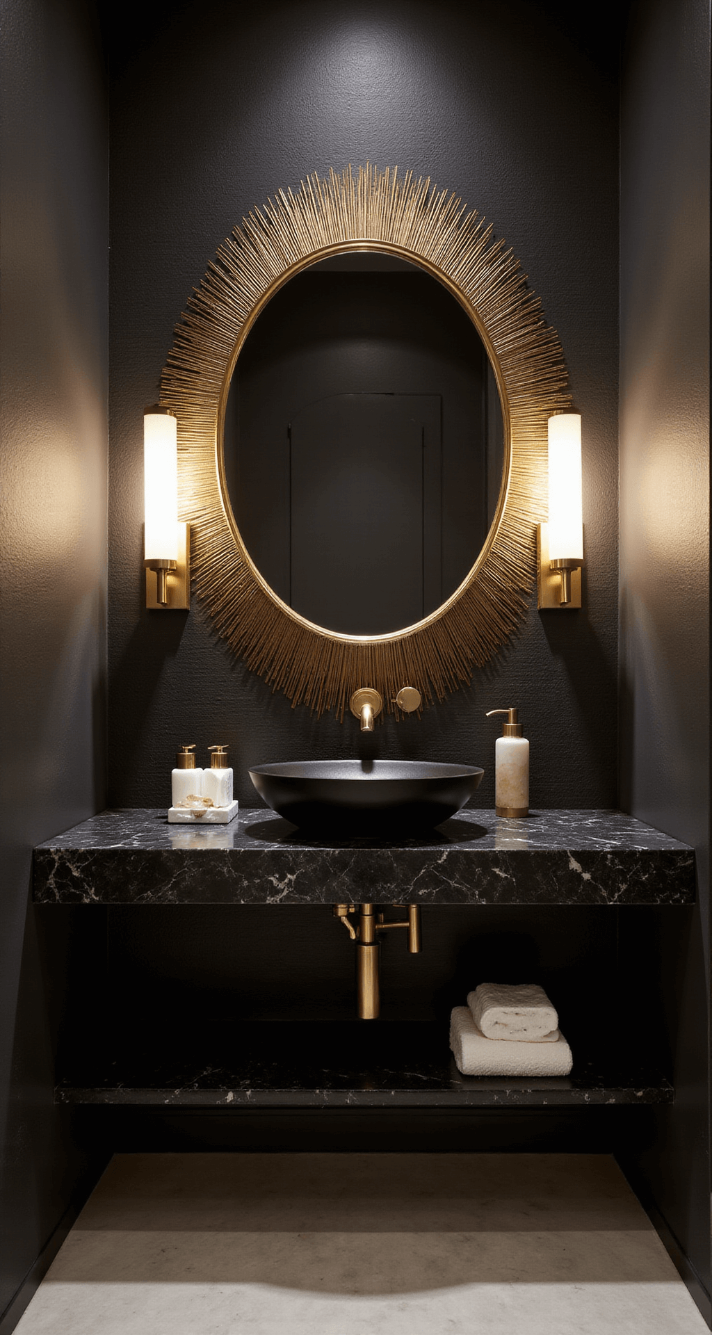 Gold Bathroom Decor: Transform Your Space with Luxurious Metallic Accents Sophisticated powder room featuring dramatic black grasscloth wallpaper, a 36-inch gold sunburst mirror, and floating marble vanity with black vessel sink and matte gold faucets, illuminated by brushed gold sconces, creating a moody glamour atmosphere at dusk.