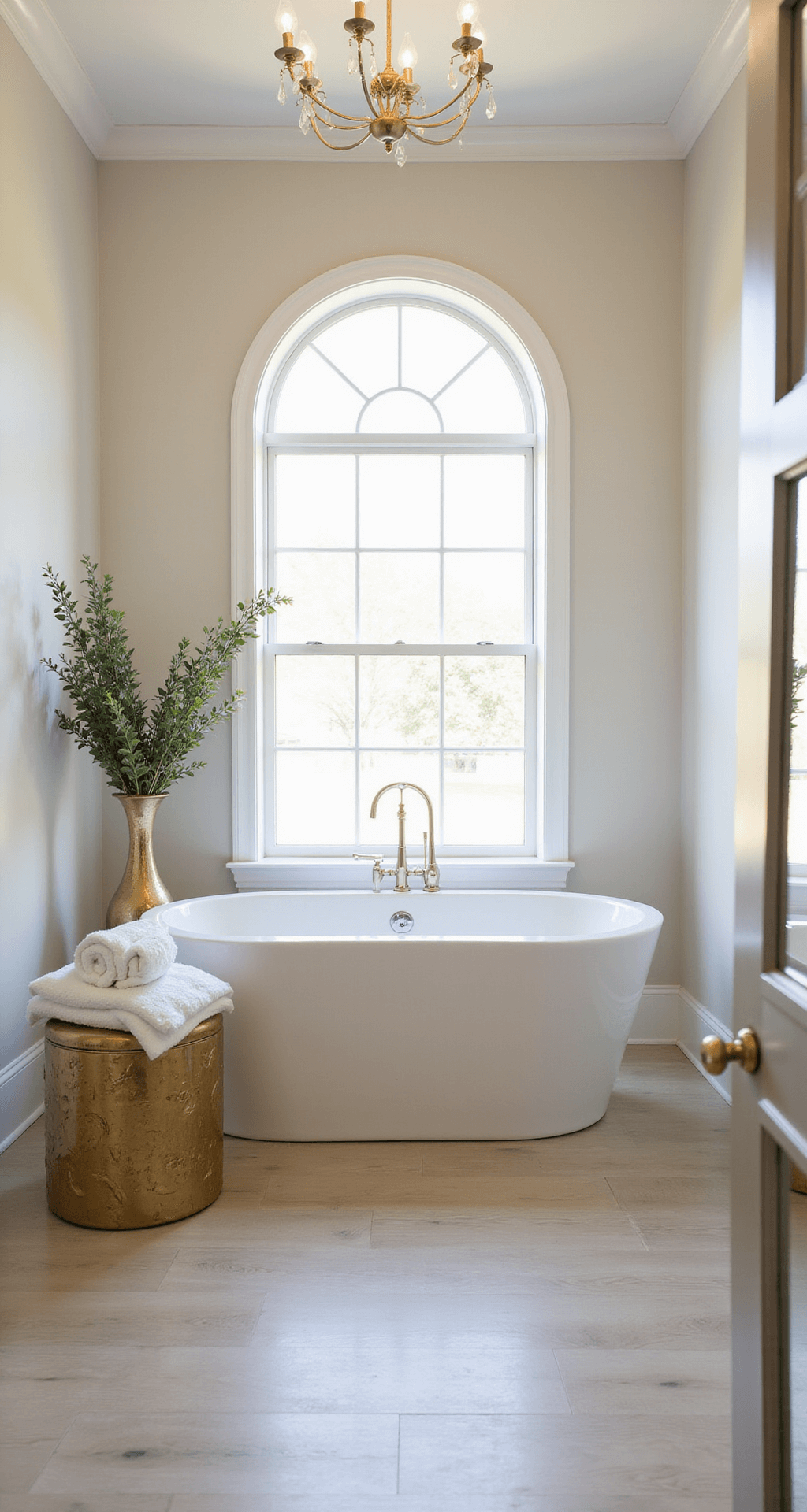 Gold Bathroom Decor: Transform Your Space with Luxurious Metallic Accents A luxurious master bath featuring a freestanding soaking tub beneath an arched window, illuminated by morning light. A champagne gold chandelier reflects in a large leaning mirror, set against white oak flooring and cream walls. A gold-leafed garden stool holds Turkish towels, while eucalyptus branches are displayed in a tall gold vase. The low camera angle highlights the tub as the focal point in this organic modern spa retreat.