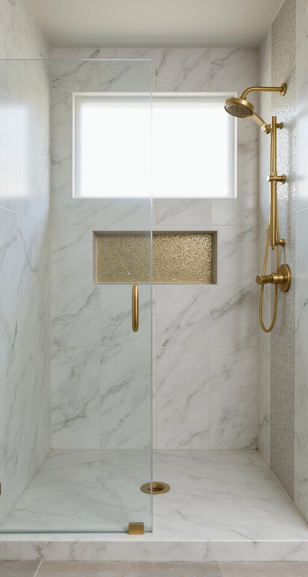 Gold Bathroom Decor: Transform Your Space with Luxurious Metallic Accents A luxurious contemporary shower suite featuring a 5'x8' enclosure with floor-to-ceiling marble tiles adorned with a gold inlay pattern, a brushed gold rainfall showerhead, a glass partition with gold hardware, and a niche showcasing gold-toned mosaic tiles, illuminated by morning light through a frosted window.