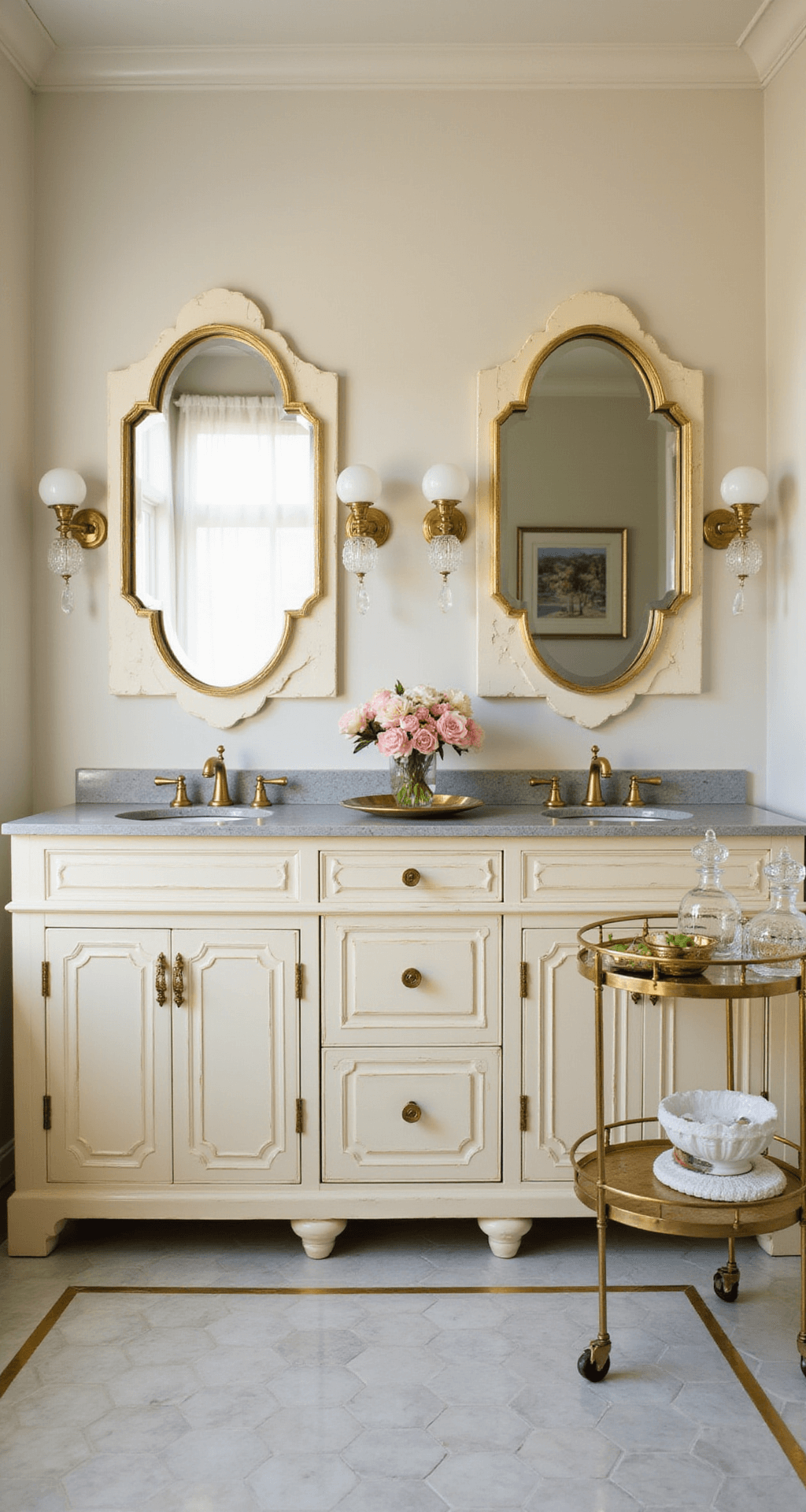 Gold Bathroom Decor: Transform Your Space with Luxurious Metallic Accents A glamorous Art Deco-inspired bathroom featuring a cream lacquer double vanity with gold geometric overlay, paired with oval mirrors in stepped gold frames, adorned with crystal and gold sconces, a marble hexagon floor with gold inlay, and a vintage gold bar cart styled with crystal decanters, illuminated by soft afternoon natural light.