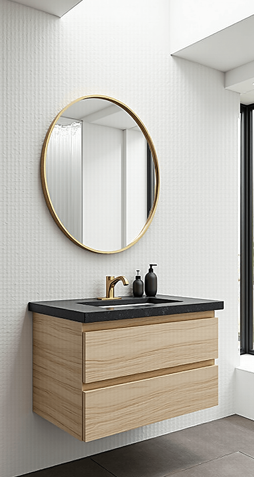 Gold Bathroom Decor: Transform Your Space with Luxurious Metallic Accents A modern minimalist bathroom featuring a sleek 8'x10' design with diffused daylight from a skylight. It includes a white oak floating vanity with a thin gold edge pull, a 36