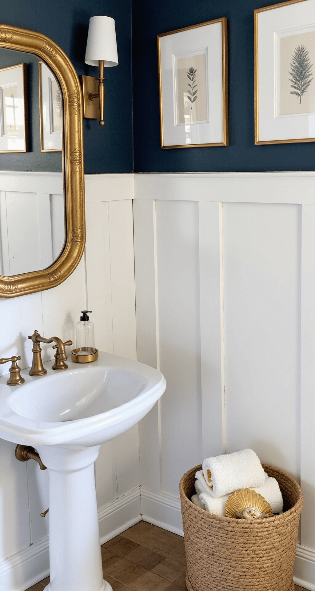Gold Bathroom Decor: Transform Your Space with Luxurious Metallic Accents Bright coastal luxe powder room featuring navy grasscloth walls, a gold bamboo mirror, a white pedestal sink with unlacquered brass fixtures, and coastal artwork in gold frames; includes a woven basket with white and gold towels and shell accessories on a gold leaf tray, captured from a corner angle to highlight the depth.