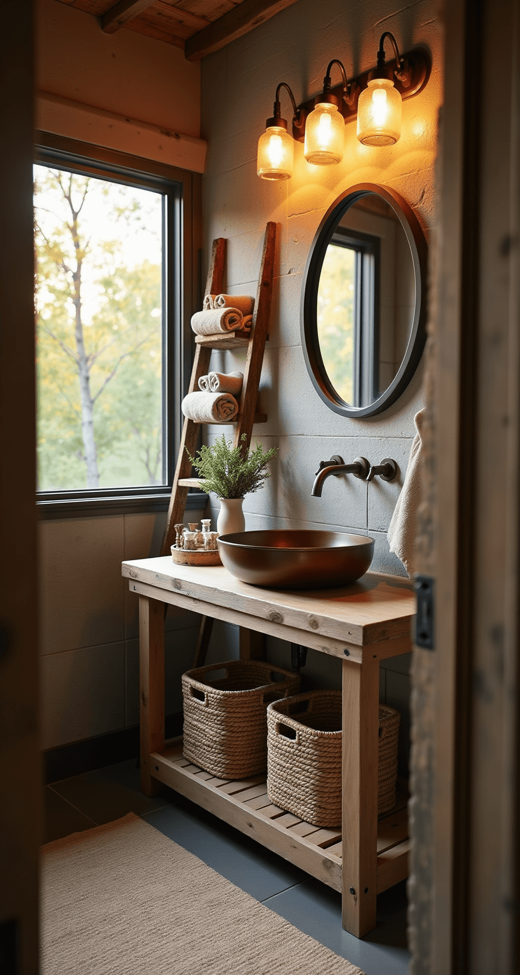 Rustic Bathroom Decor: Transform Your Space into a Cozy Nature Retreat A rustic bathroom with a reclaimed barn wood vanity and copper vessel sink, illuminated by golden hour sunlight. The space features weathered bronze fixtures, textured stone tile walls, and mason jar sconces casting warm light. Rolled Turkish towels are displayed on a vintage ladder shelf, while woven seagrass baskets are tucked beneath the vanity. Antler hooks are mounted on a rough-hewn wooden board, creating a cozy, natural ambiance.
