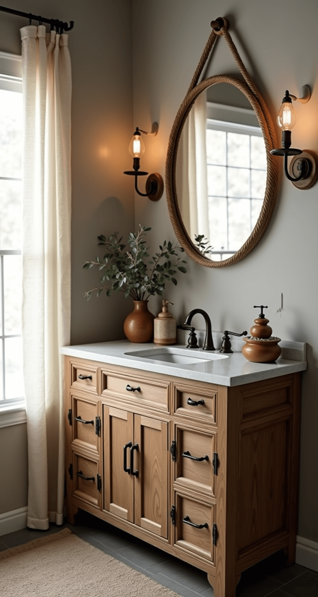 Rustic Bathroom Decor: Transform Your Space into a Cozy Nature Retreat Intimate corner view of a rustic bathroom vanity with a distressed oak surface, hammered bronze hardware, and a rope-framed mirror, illuminated by natural light and Edison bulb sconces, featuring artisanal pottery soap dispensers and eucalyptus in a copper vase.