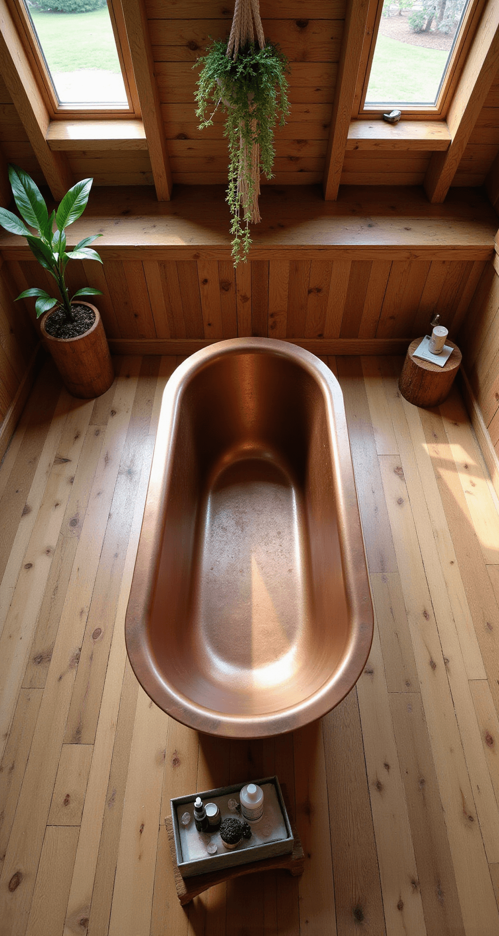 Rustic Bathroom Decor: Transform Your Space into a Cozy Nature Retreat Overhead view of a rustic bathroom featuring a freestanding copper soaking tub on wide-plank pine flooring, illuminated by morning light through skylights, with a wooden stool holding vintage bath essentials and decorative plant hangers.