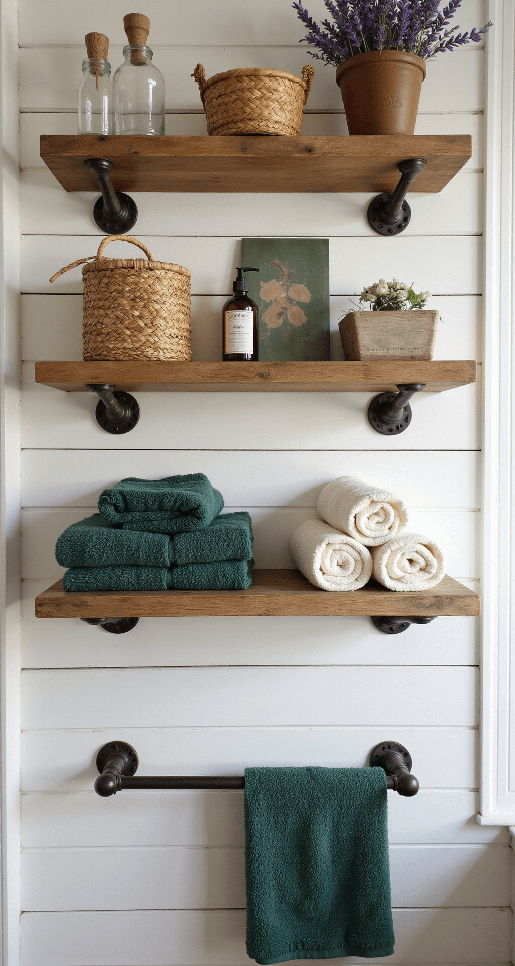 Rustic Bathroom Decor: Transform Your Space into a Cozy Nature Retreat Detail shot of a rustic bathroom storage wall featuring reclaimed wooden floating shelves with vintage apothecary jars, woven baskets, and dried lavender, illuminated by soft afternoon light; an iron pipe towel rack displays layers of textured forest green and cream towels, with a shallow depth of field emphasizing foreground textures against a dreamy blurred background.