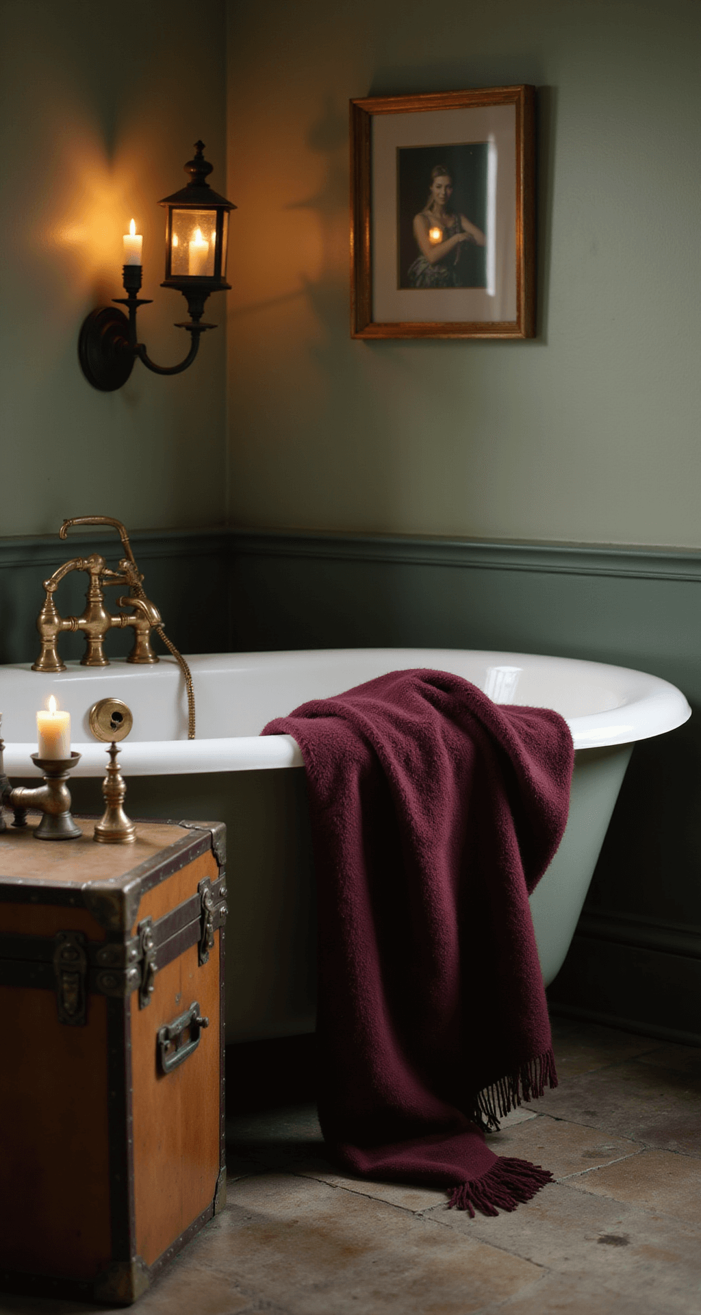 Rustic Bathroom Decor: Transform Your Space into a Cozy Nature Retreat Moody bathroom scene featuring a freestanding clawfoot tub, illuminated by candlelight from iron lanterns casting shadows on sage green walls, with a vintage trunk as a side table and a burgundy wool throw draped over the tub, shot from a low angle to highlight the cozy ambiance.