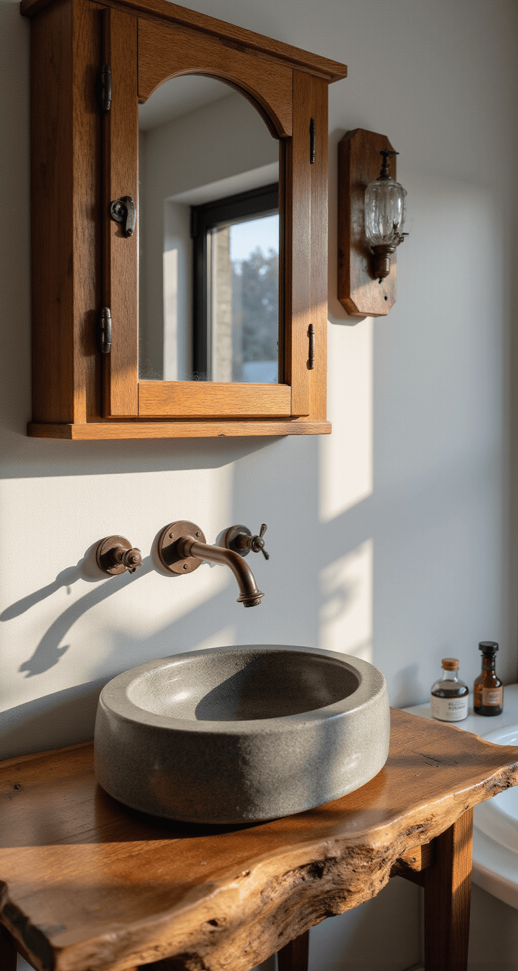 Rustic Bathroom Decor: Transform Your Space into a Cozy Nature Retreat A cozy bathroom vignette showcasing a handcrafted wooden medicine cabinet with a beveled mirror and oil-rubbed bronze latch, a stone vessel sink on a live-edge wood slab countertop, and vintage glass bottles of varying heights, all illuminated by morning light with a wall-mounted copper faucet for an industrial touch.