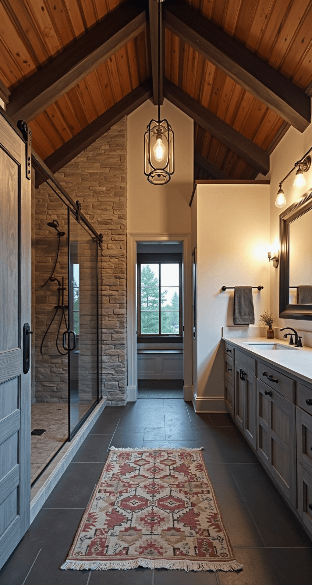 Rustic Bathroom Decor: Transform Your Space into a Cozy Nature Retreat Full bathroom at dusk with vaulted ceiling and dark wood beams, stone accent wall, walk-in shower, bronze hardware, weathered gray sliding barn door, vintage Turkish rug on slate floor, and warm glow from Edison bulb chandelier.