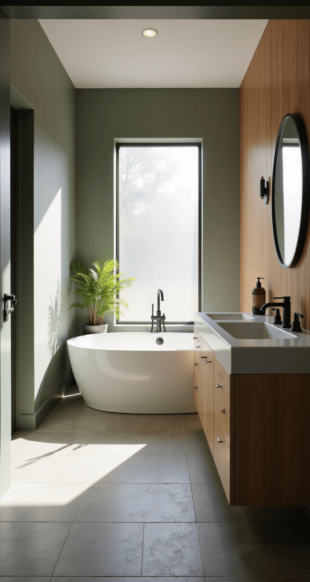 Bathroom Color Trends: Transform Your Space with the Perfect Palette A luxurious modern bathroom with sage green walls and a vertical wood slat accent wall, featuring a freestanding white oval tub beneath a frosted window, a light oak floating double vanity with matte black fixtures, an oversized round mirror with LED backlight, and natural stone floor tiles in warm gray. A potted monstera in the corner completes the high-end spa atmosphere, enhanced by soft morning light and steam wisps.