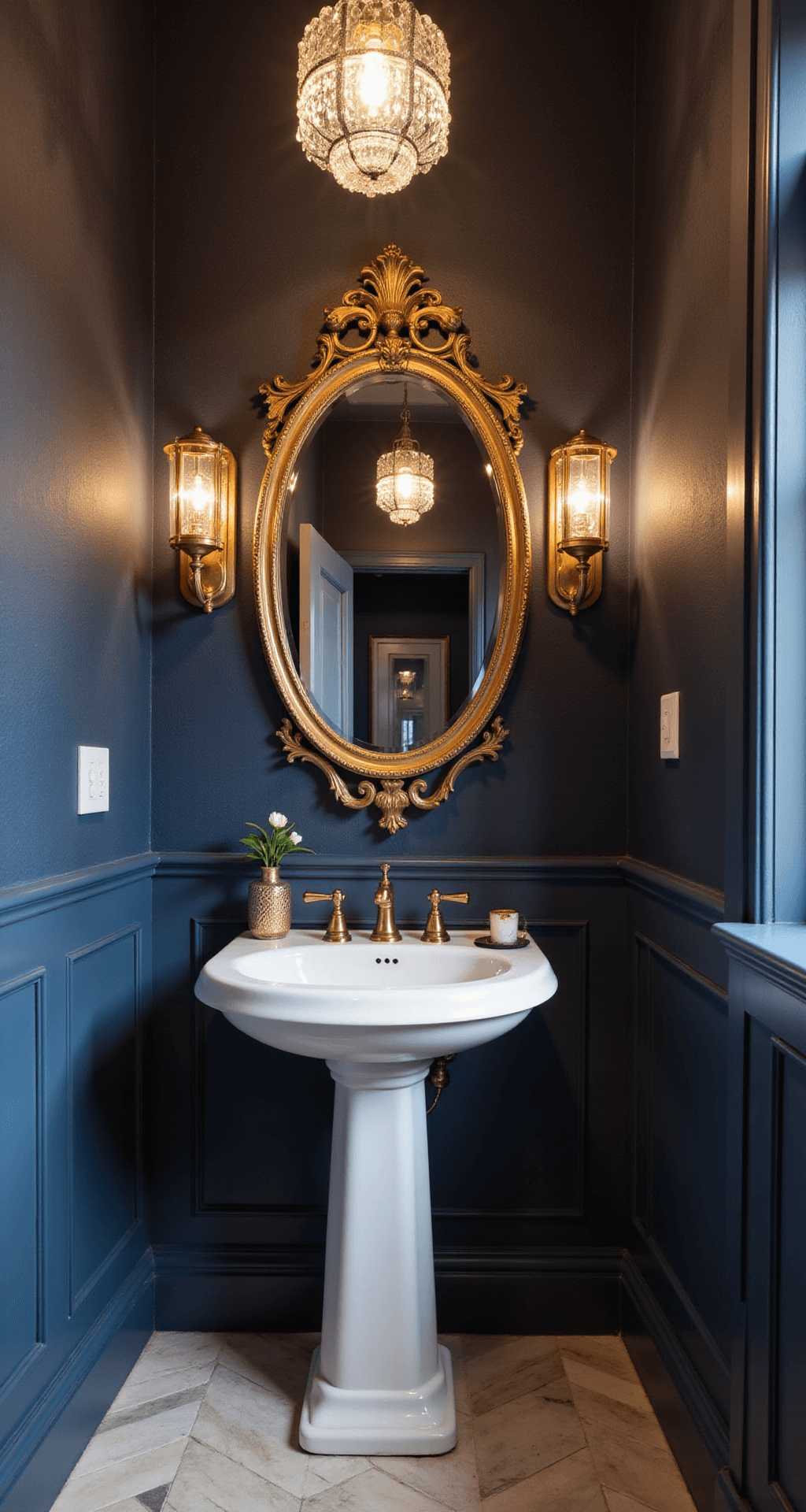 Bathroom Color Trends: Transform Your Space with the Perfect Palette Intimate powder room featuring navy blue textured wallpaper, antique gold baroque mirror, white pedestal sink with brass faucet, and herringbone marble floor. The scene is illuminated by a crystal pendant light at golden hour, creating warm reflections and dramatic shadows.