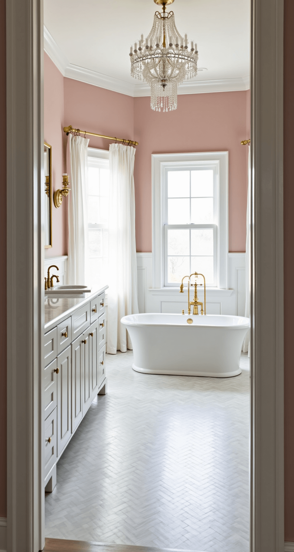Bathroom Color Trends: Transform Your Space with the Perfect Palette Spacious master bathroom featuring blush pink walls, white wainscoting, a white marble-top double vanity with gold hardware, and chevron floor tiles. A chandelier hangs above a freestanding soaking tub with a gold faucet, illuminated by floor-to-ceiling windows with sheer curtains, showcasing a soft and feminine luxurious design.