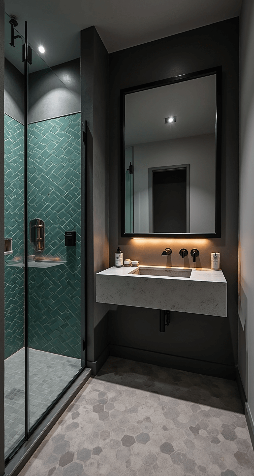 Bathroom Color Trends: Transform Your Space with the Perfect Palette A contemporary bathroom featuring charcoal gray walls and teal geometric accent tiles in the shower, with a floating concrete vanity and matte black fixtures. A large black-framed mirror is above the vanity, and hexagonal floor tiles in varying gray tones cover the floor. LED strip lighting under the vanity adds a modern touch, while the shot from the corner captures dramatic diagonal lines in the industrial-style space at dusk.