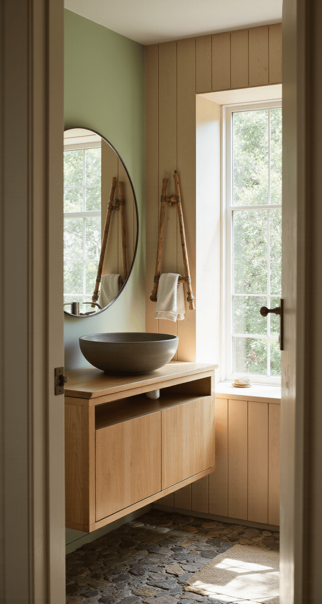 Bathroom Color Trends: Transform Your Space with the Perfect Palette A serene zen-inspired bathroom featuring light wood wall panels, a sage green accent wall, a round vessel sink on a floating bamboo vanity, and a natural stone pebble floor, all illuminated by morning light. A minimalist circle mirror with hidden lighting and a bamboo ladder towel holder enhance the clean lines and organic atmosphere. Shot from the doorway.