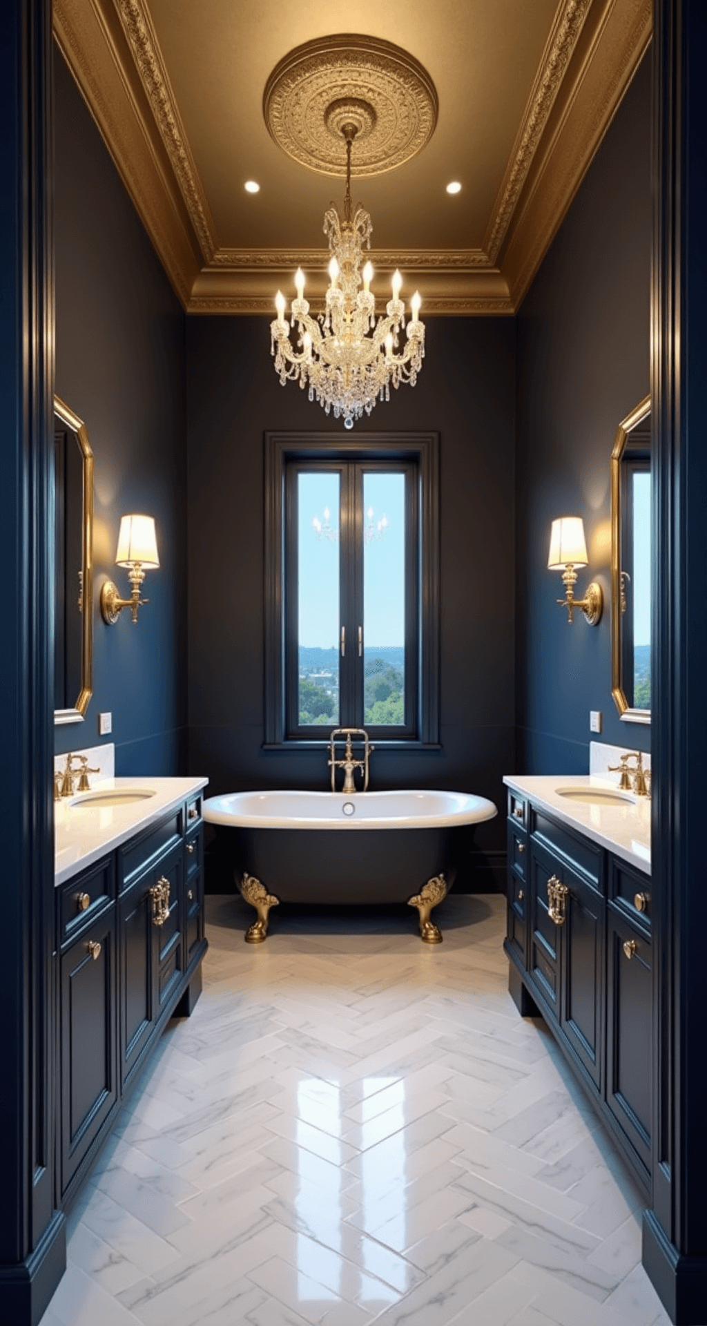 Bathroom Color Trends: Transform Your Space with the Perfect Palette Glamorous twilight bathroom featuring navy walls, gold leaf ceiling, double white marble vanity with brass hardware, matte black clawfoot tub, crystal sconces, and a central chandelier, all on a herringbone marble floor with white and gold accents.