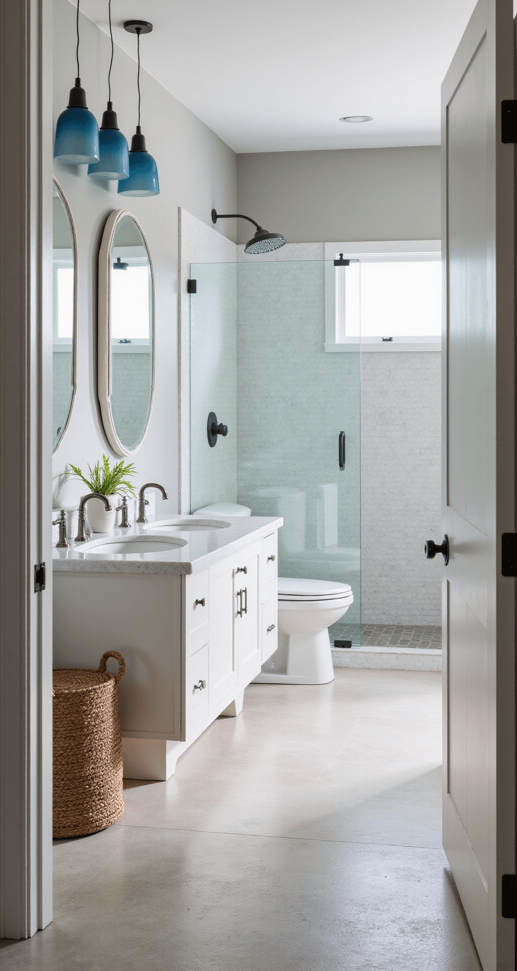 Bathroom Color Trends: Transform Your Space with the Perfect Palette A coastal-modern bathroom featuring soft gray walls and a white penny tile feature wall, with a floating white oak vanity, chrome fixtures, and a frameless glass shower. Blue ombre glass pendant lights hang above limestone floor tiles, complemented by woven natural fiber baskets. The image is shot from the entrance, showcasing the room's depth and fresh, airy atmosphere with subtle coastal elements.