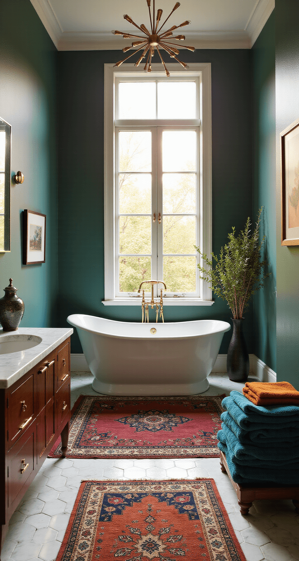 Colorful Bathroom Decor: Transform Your Space with Vibrant Touches A luxurious sunlit bathroom featuring a deep emerald accent wall, brass fixtures, and a freestanding white oval tub beneath a modern sputnik chandelier, adorned with layered sapphire and ruby rugs, marble hexagon tiles, and styled with artisanal pottery and eucalyptus branches.