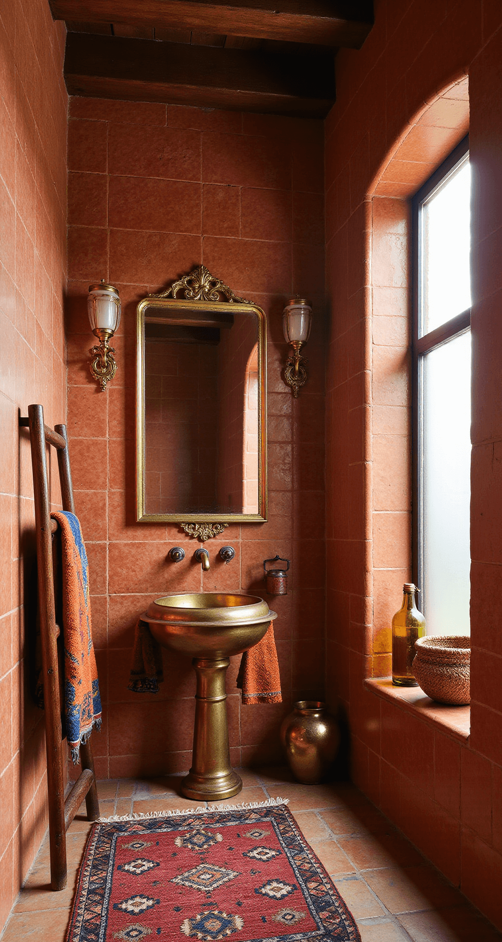 Colorful Bathroom Decor: Transform Your Space with Vibrant Touches A bohemian Moroccan oasis bathroom featuring terra cotta zellige tile walls, exposed wooden beams, a vintage brass mirror with glass sconces, a handwoven kilim bath mat, and a hammered copper sink, illuminated by natural light through a frosted window, with a carved wooden ladder and decorative amber glass bottles.