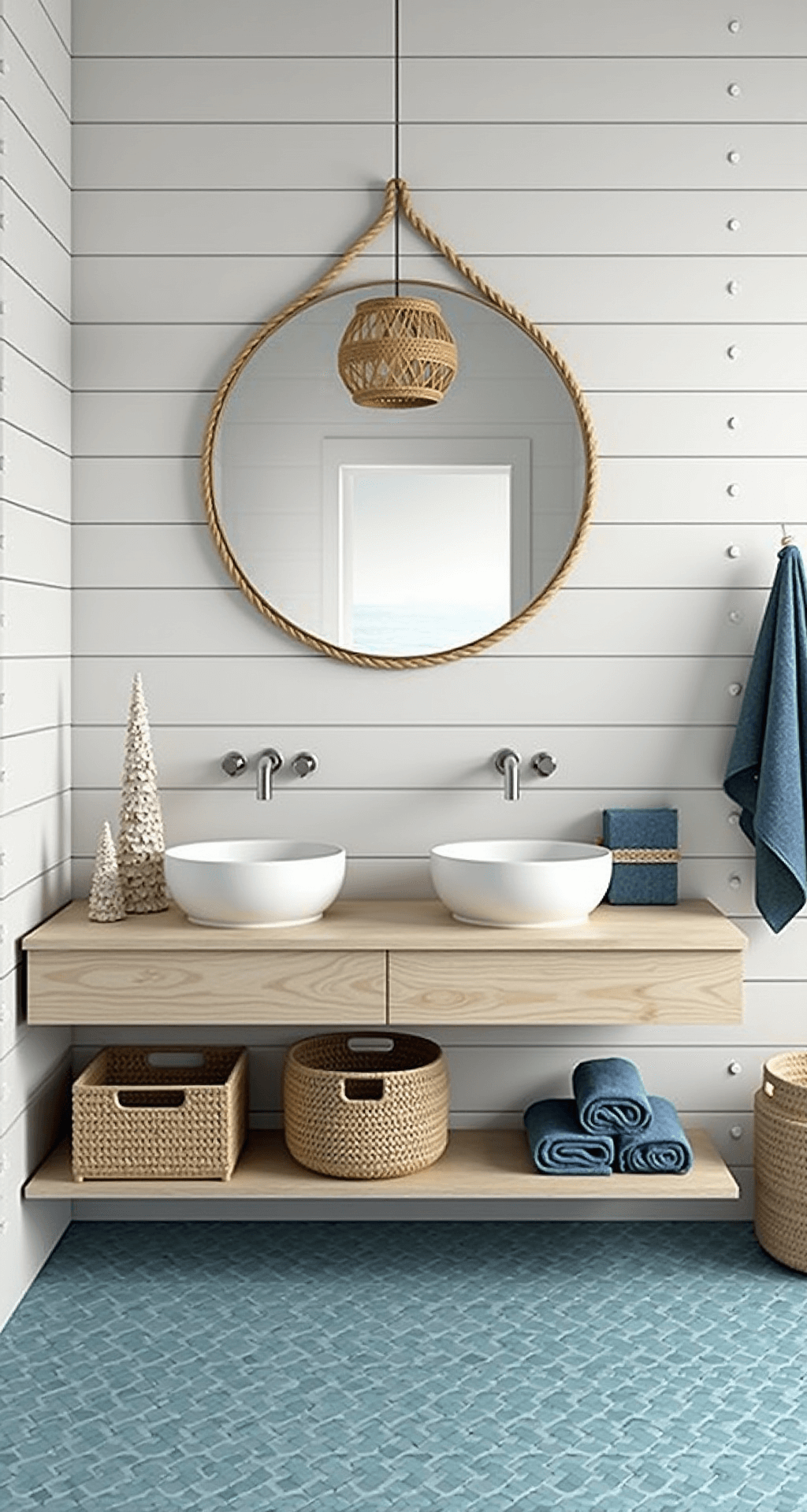 Colorful Bathroom Decor: Transform Your Space with Vibrant Touches Wide-angle view of a coastal contemporary bathroom featuring shiplap white walls, ocean blue penny tile floor, floating bleached oak double vanity with vessel sinks, and an oversized round mirror. The space is styled with coral sculptures, seagrass baskets, and an ombré blue towel collection, illuminated by high-key lighting and a rattan pendant light.