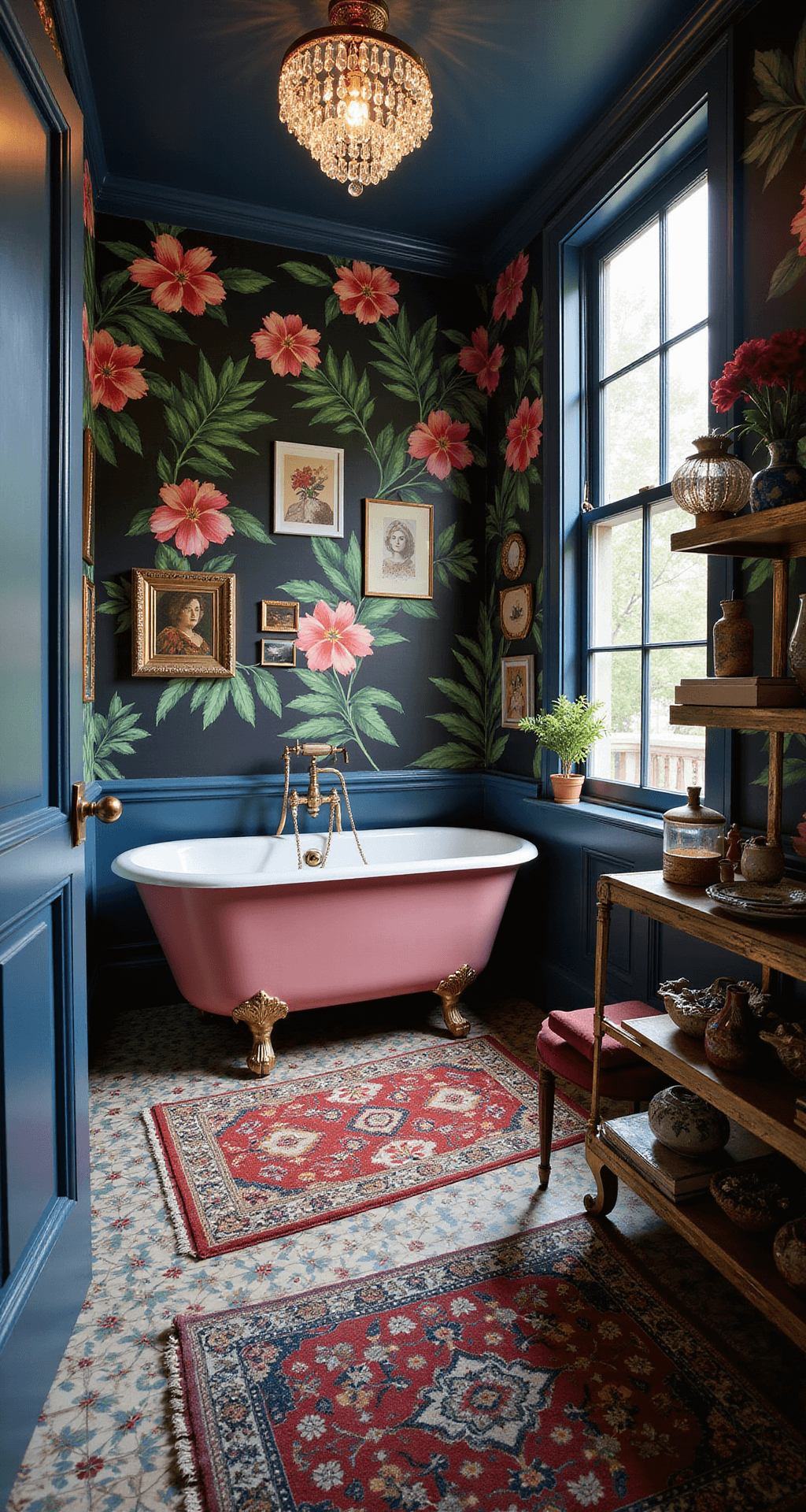 Colorful Bathroom Decor: Transform Your Space with Vibrant Touches A bird's eye view of an artistic maximalist bathroom featuring oversized tropical flower wallpaper, a matte pink clawfoot tub, a vintage crystal chandelier, a gallery wall of modern art and antique mirrors, patterned cement floor tiles, moody lighting, layered jewel-toned rugs, and curiosities on a brass étagère, all captured during blue hour.