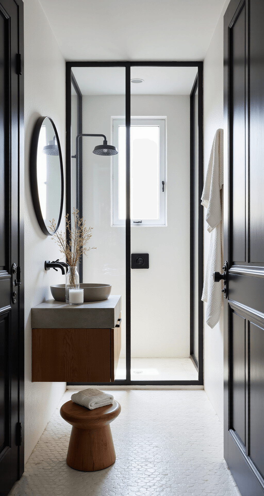 Colorful Bathroom Decor: Transform Your Space with Vibrant Touches A serene Scandinavian spa bathroom at dawn, featuring a minimal white design, black-framed shower enclosure, floating concrete vanity with an integrated sink, round oak mirror, and matte black fixtures. The floor-to-ceiling white penny tiles create a textural backdrop, accentuated by early morning light casting soft shadows. Styled with a wooden stool, white waffle towels, dried botanical branch, and a clear glass vessel filled with bath salts.