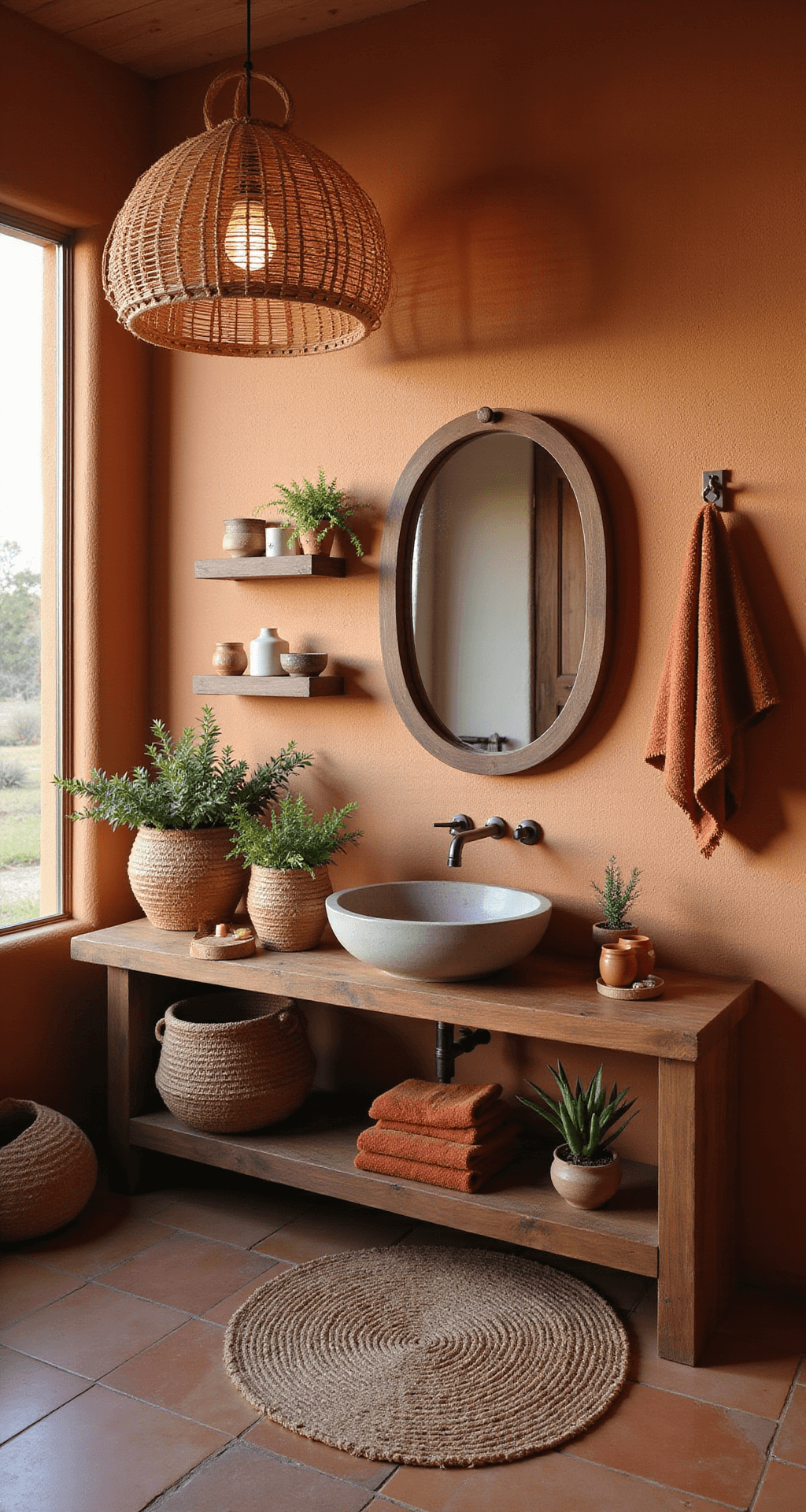 Colorful Bathroom Decor: Transform Your Space with Vibrant Touches A cozy desert modern bathroom featuring a terra cotta accent wall, walnut vanity with a concrete vessel sink, oversized arched mirror reflecting warm light, and handmade terra cotta floor tiles, styled with woven baskets, potted succulents, and rust-colored Turkish towels, all illuminated by a woven pendant light.