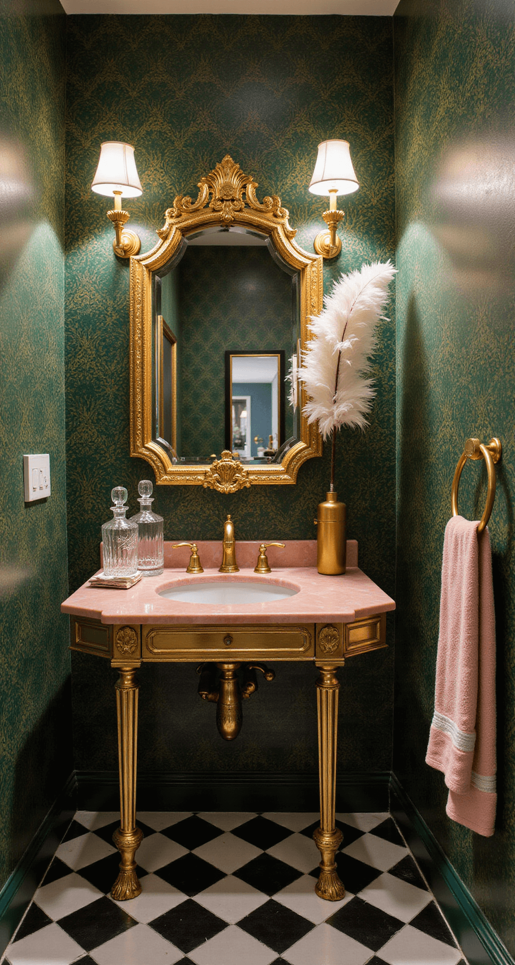 Colorful Bathroom Decor: Transform Your Space with Vibrant Touches Dynamic diagonal view of a retro glam powder room featuring art deco-inspired emerald and gold wallpaper, a vintage brass vanity with a pink marble top, and a Hollywood-style mirror with integrated lighting, amidst dramatic artificial lighting and a black and white checkered floor, decorated with crystal decanters, gold-rimmed mirrors, blush pink hand towels, and a tall vase with a feather arrangement.
