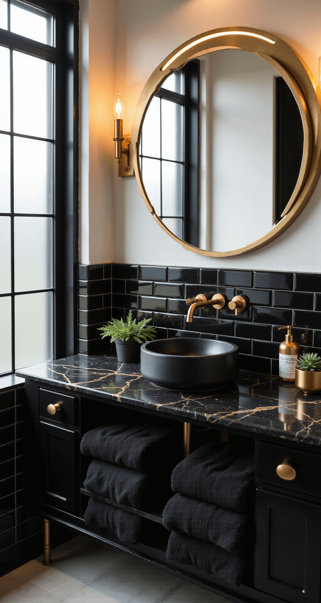 Elevate Your Bathroom: Black and Gold Decor Magic A luxurious powder room with warm morning light, featuring glossy charcoal subway tiles, a floating black marble vanity with a matte black vessel sink, an oversized circular mirror, and gold accents, including a sleek faucet and towel bars. Black Egyptian cotton towels and gold soap dispensers add elegance.