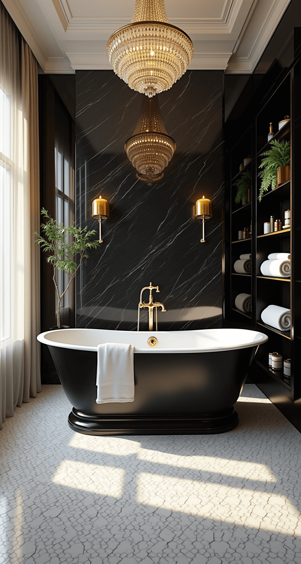 Elevate Your Bathroom: Black and Gold Decor Magic Opulent master bathroom during golden hour, featuring a freestanding black soaking tub, dramatic black marble accent wall, polished brass fixtures, white hexagonal floor tiles, floating shelves with gold accents, and a crystal chandelier, all enhanced by natural light and greenery.
