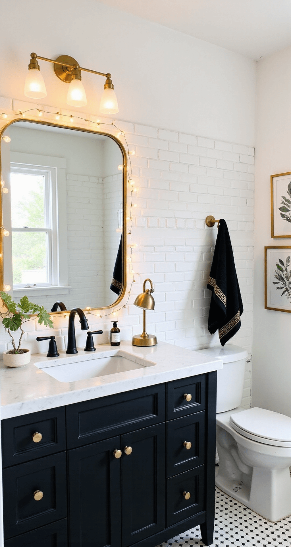 Elevate Your Bathroom: Black and Gold Decor Magic A contemporary guest bathroom featuring black and gold accents, white subway tiles, and a gold-framed mirror, showcasing a budget-friendly transformation with a matte black vanity, marble-look countertop, and strategic ambient lighting from string lights.