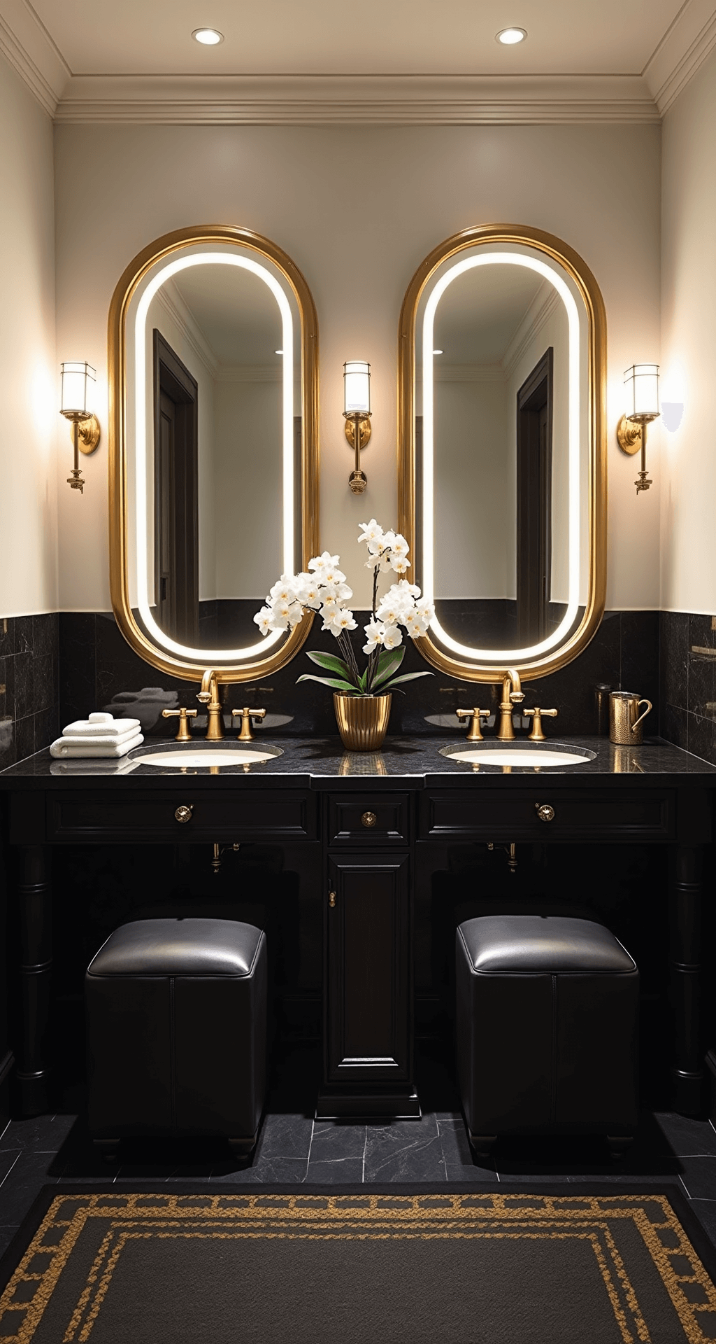 Elevate Your Bathroom: Black and Gold Decor Magic A luxurious double vanity bathroom at night, featuring warm LED lighting, black penny tiles, white walls, twin black marble countertops with gold-rimmed mirrors, brushed gold fixtures, leather ottomans, gold candle holders, and fresh white orchids, all designed with symmetry and elegance.